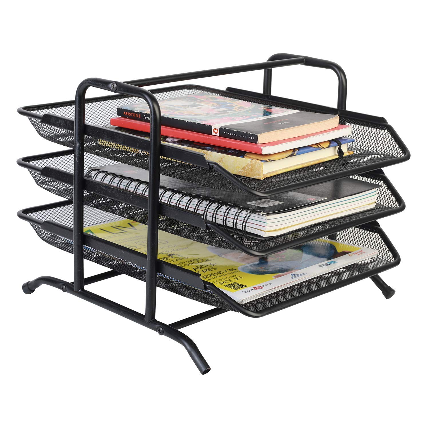 Mbuys Mall Metal Mesh 3 Tier Document Tray, File Tray, File Rack for A 4 Documents/Files/Papers/Letters/folders Holder Desk Organizer (Black)