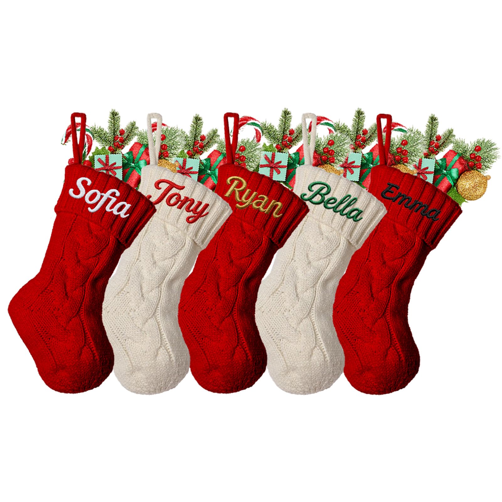 Personalised Christmas Stockings with Name,Custom Embroidered Christmas Stockings,Small 9 inches Hanging Xmas Stocking Decoration for Xmas Party Gift Filler,Xmas Gift Treat Bags(Small Style 7-5 Pack)