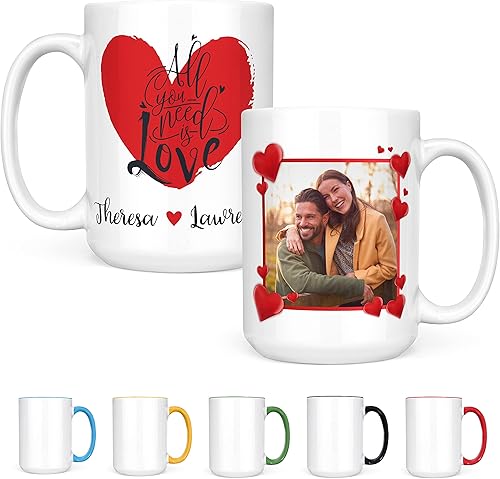 Taza personalizada para el día de San Valentín con cita y foto de pareja dentro de 1 de 9 marcos de amor 11 o 15 onzas 9 colores regalos