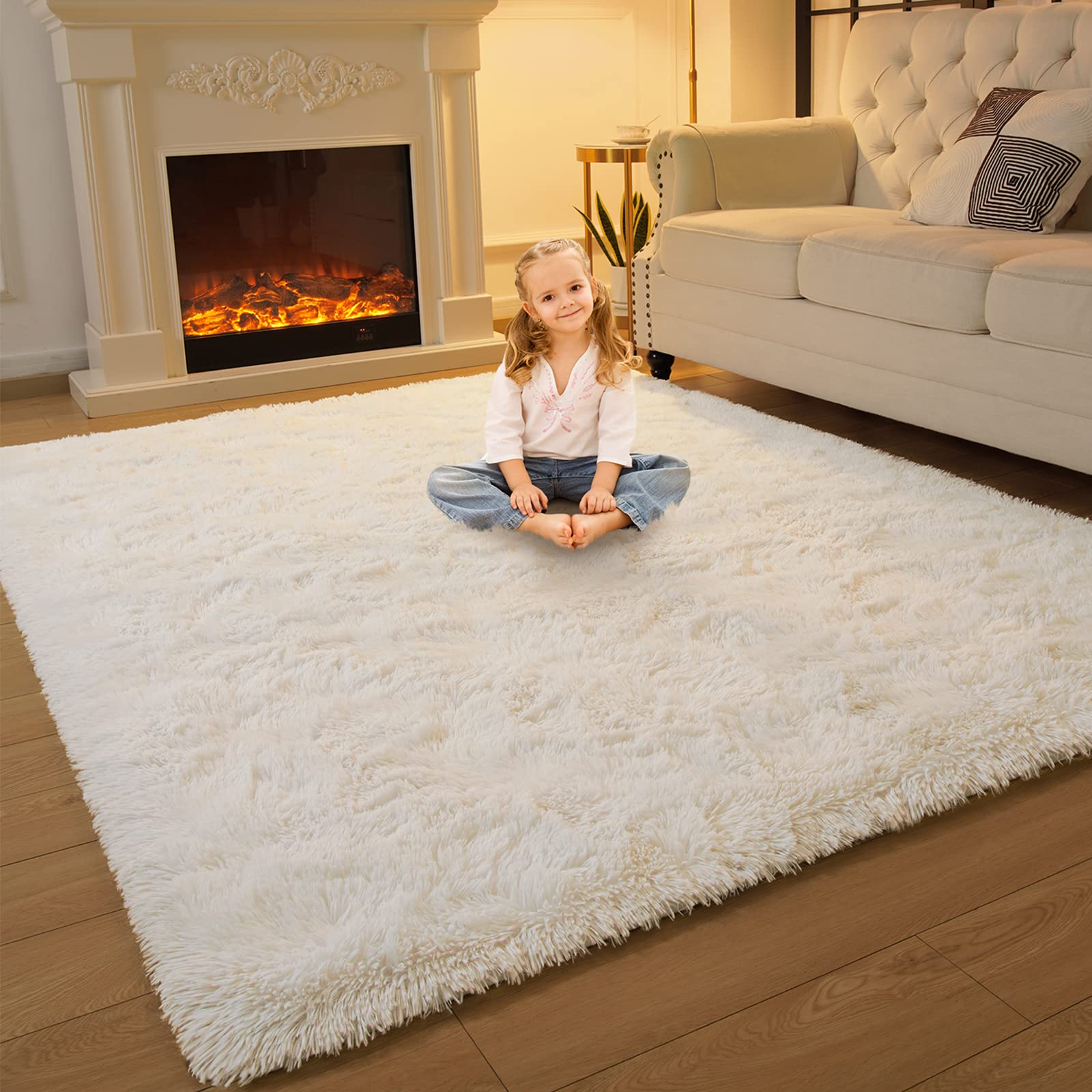 Fosirug Rugs for Bedroom 5x8 Feet Area Rug for Living Room Ultra Soft Shaggy Carpet for Home Decor Long Plush Fluffy Mat Faux Fur Rug for Bedside Nursery Kids Room College Drom, Creamy White