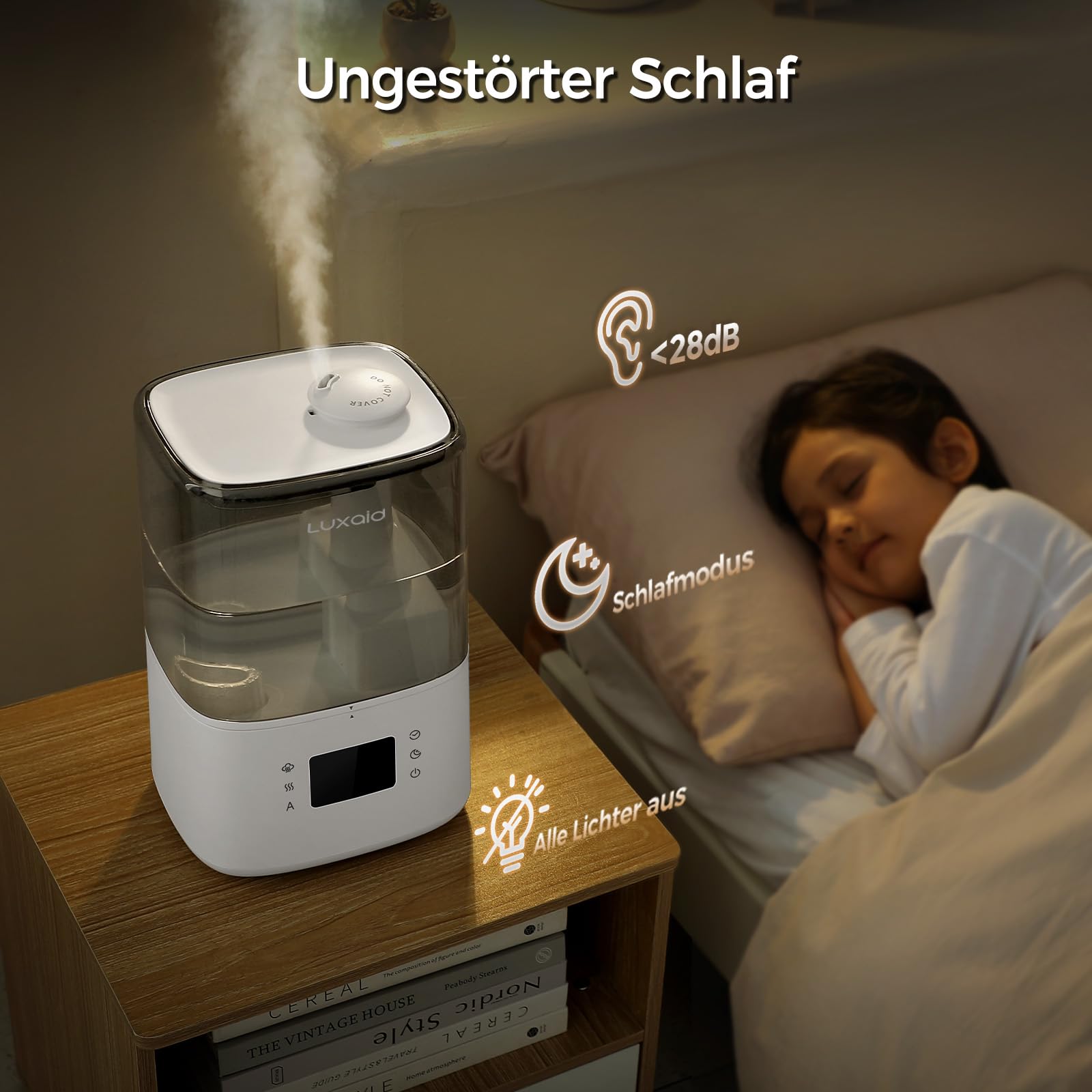 4,5L Luxaid Warm- und Kaltnebel Luftbefeuchter Schlafzimmer Große Räume mit Fernbedienung & Hygrostat, 28dB Leise Humidifier for Bedroom Baby, Top-Fill, bis 45H, Timer, Auto-Abschaltung, HU-802