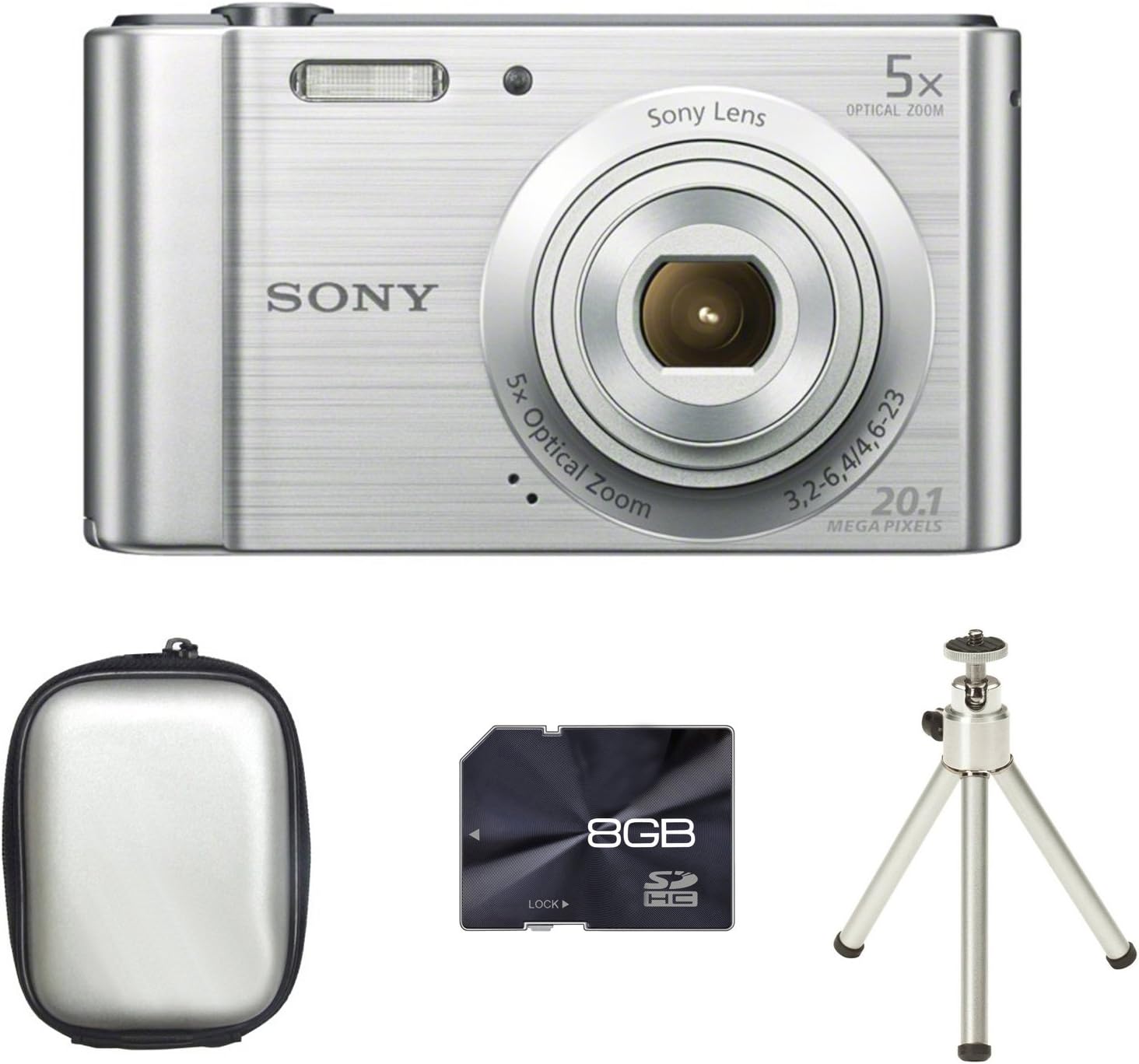 Sony DSCW800 Digital Camera Silver + Case + 8GB Card + Tripod (20.1MP