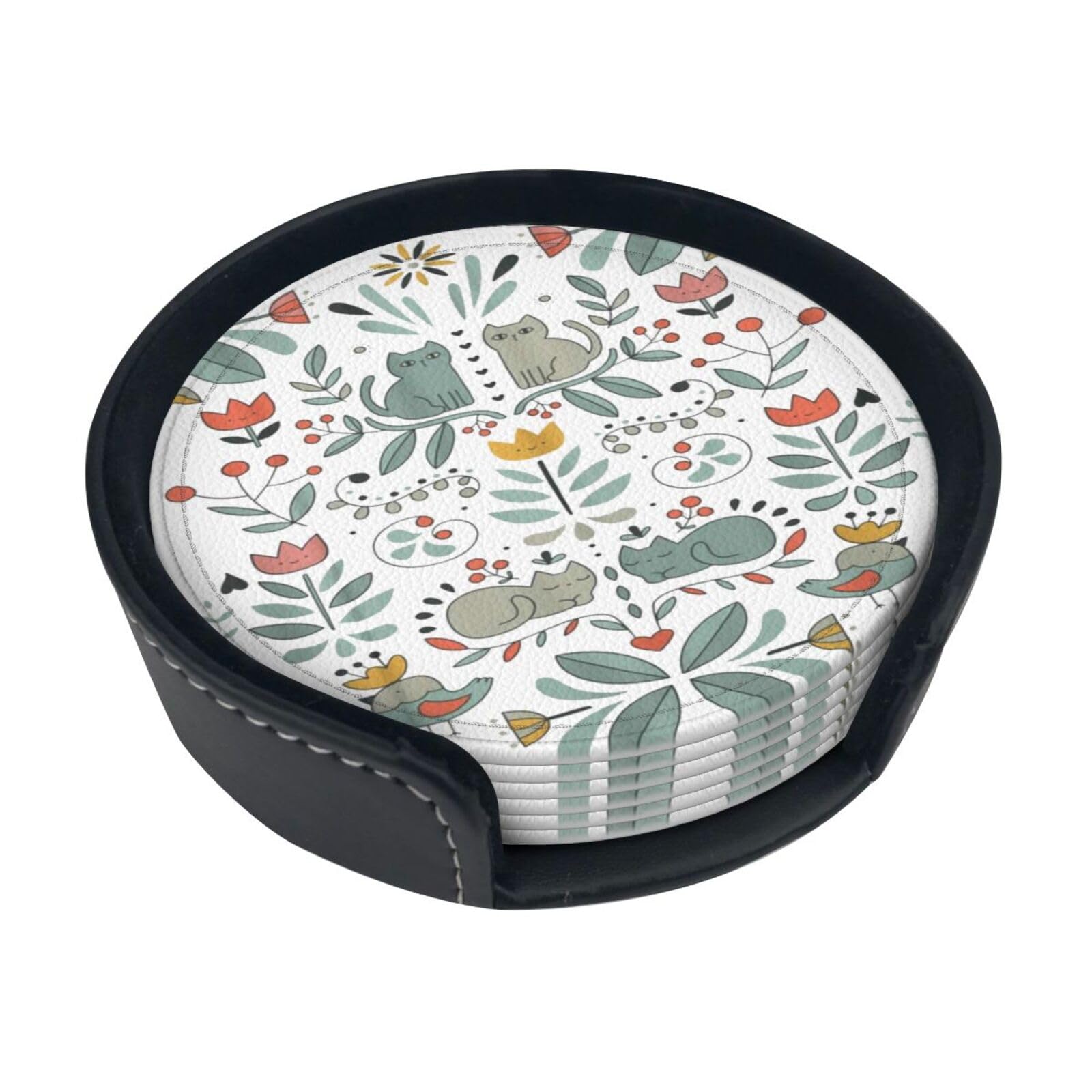 Funny Cats Birds And Flowers Coasters For Drinks, 6 Pcs Leather Coaster With Holder, Round Cup Mat Pad Set For Home And Kitchen 3.9 Inches