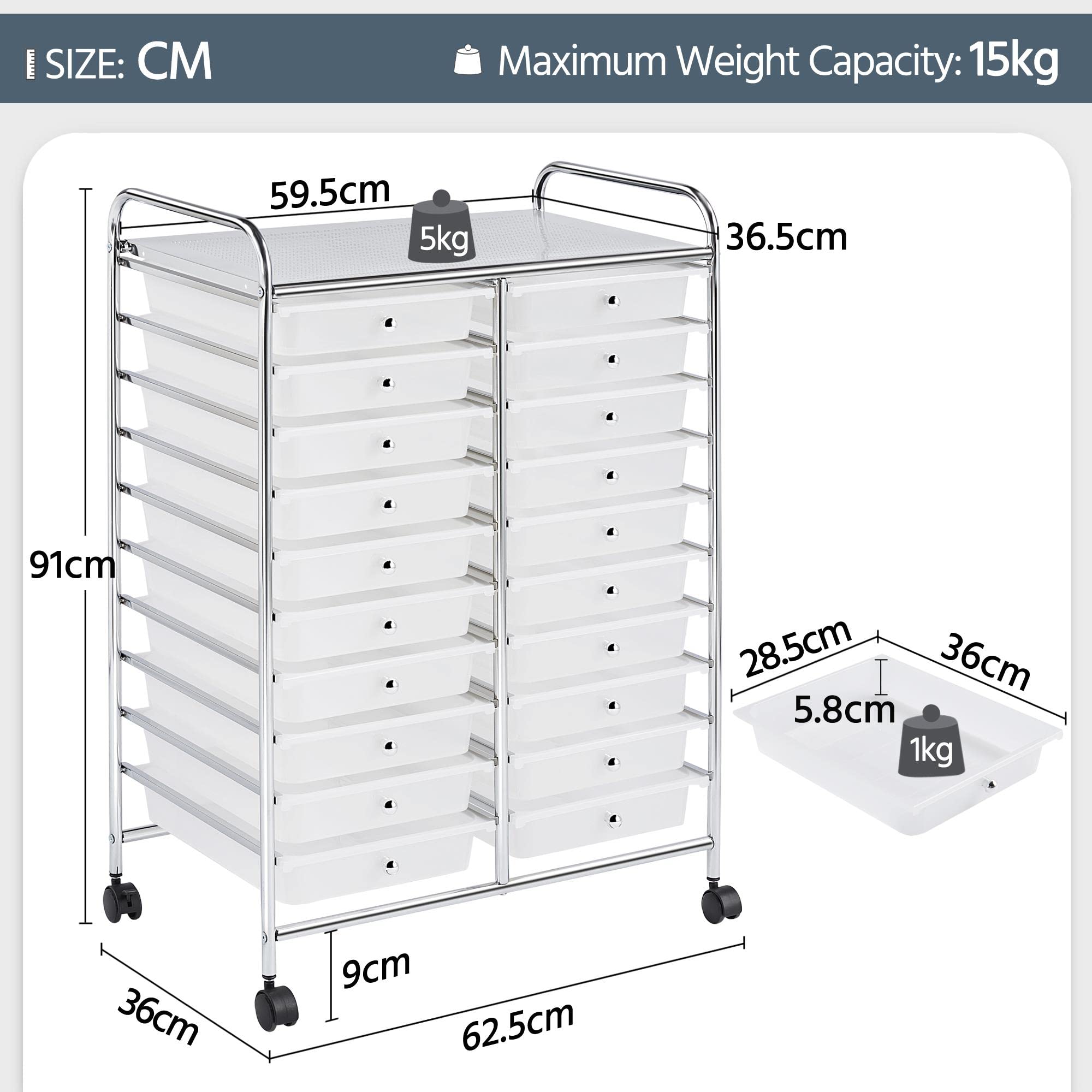 Yaheetech Carrello Portaoggetti con 20 Cassetti Cassettiera Torre di Stoccaggio in PP e Ferro per Ufficio/Sala da Pranzo/Cucina/Dispensa/Soggiorno Bianco