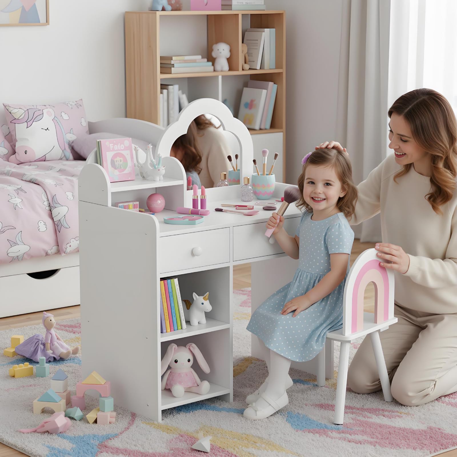 Clevich 2 in 1 Toeletta Trucco Bambina, Toeletta per Bambini con Specchio, 2 Cassetti, Armadietti, Scrivania in Legno con Sgabello, per Bambine dai 3-8 Anni (Bianco)