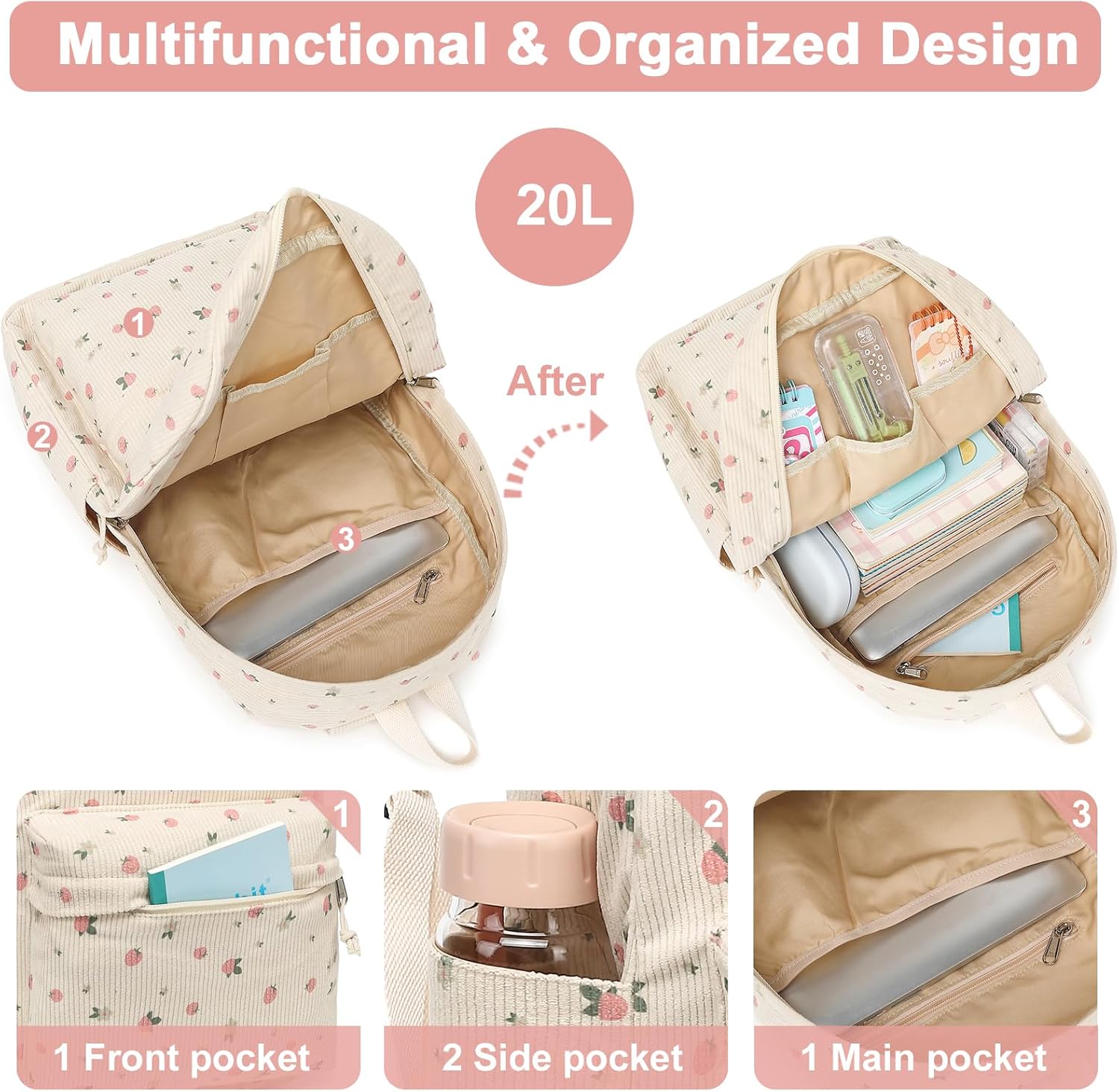 BTOOP School Backpack for Teens Large Corduroy Bookbag Lightweight 15.6 inch Laptop Bag for Girls Women Casual High School College - Image 5