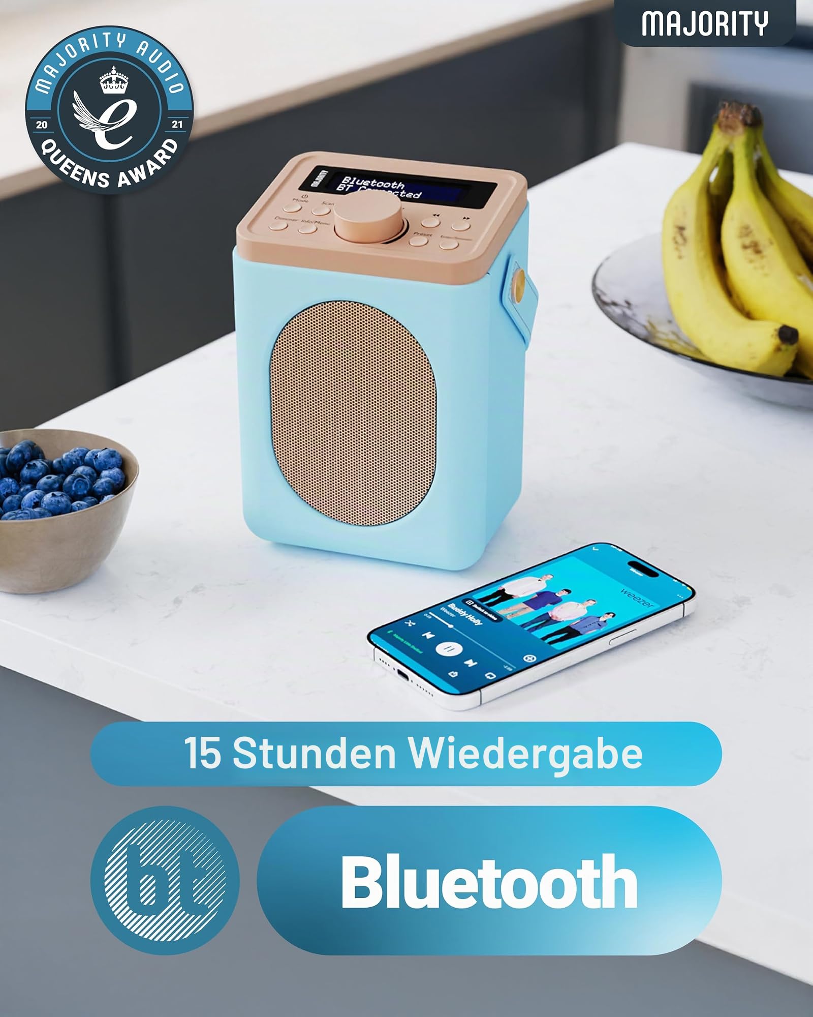 MAJORITY Little Shelford DAB Plus Radio | Küchenradio UKW mit Bluetooth | Radio Batteriebetrieben mit 15 Stunden Wiedergabezeit oder Steckdosenradio | Mini Digitalradio mit Doppelalarm (Hellblau)