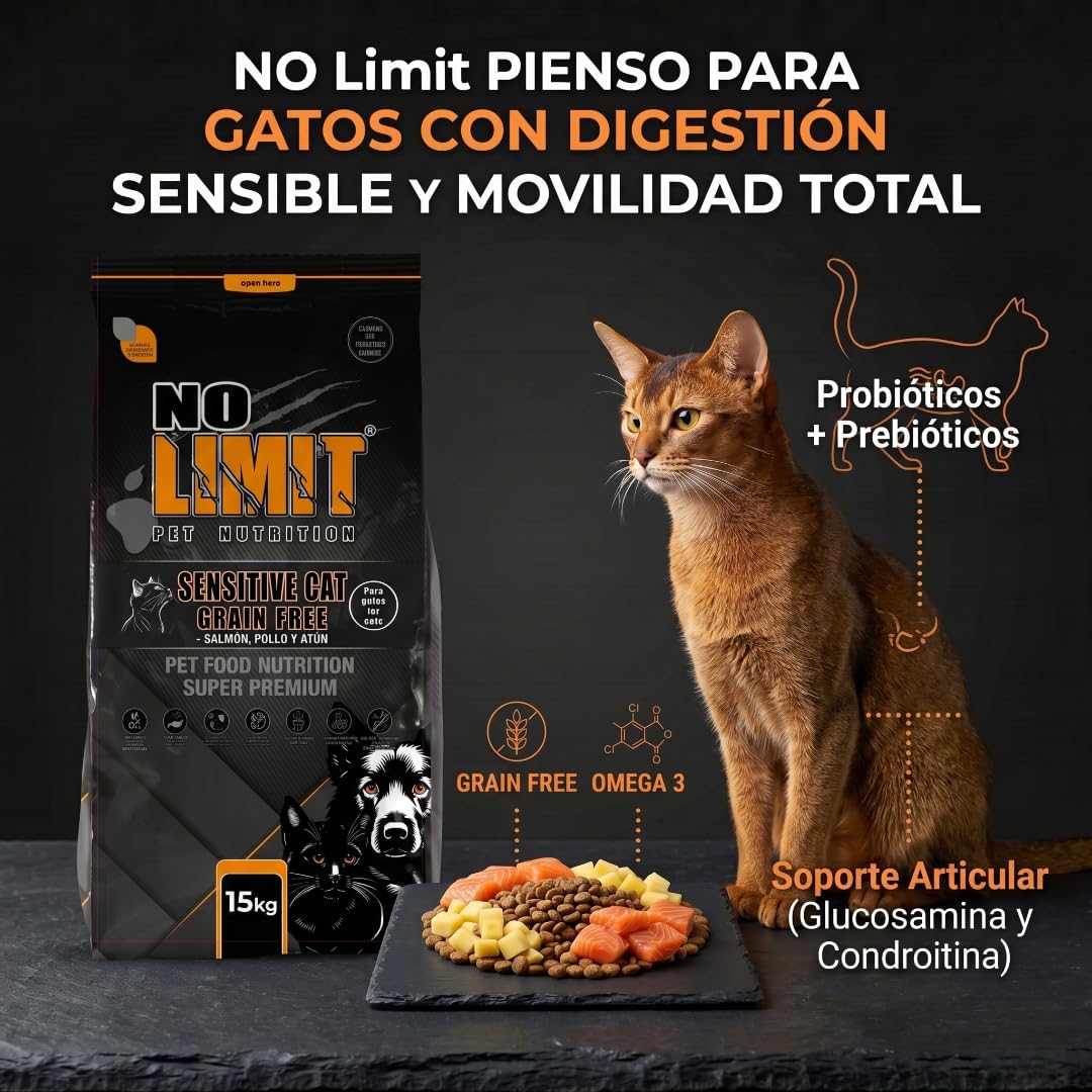 NO Limit Sensitive Cat Pienso Gato Sin Cereales – Salmón, Pollo y Atún Grain Free – Comida para Gatos con Digestión Sensible – Cat Food Premium con Omega 3, Probióticos y Soporte Articular - 15KG