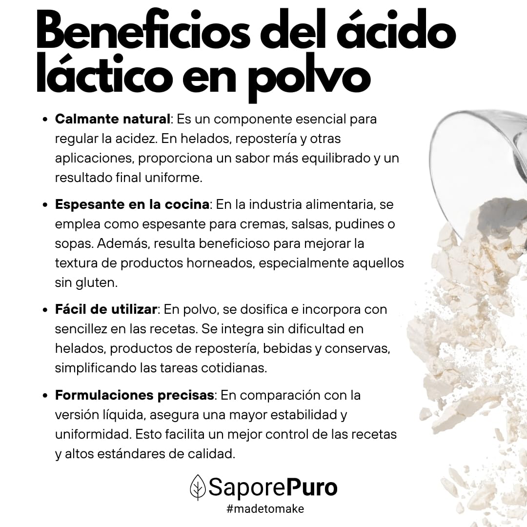 SaporePuro Ácido Láctico en Polvo 1 kg – Pura Calidad Alimentaria – Para Panificación, Lácteos, Bebidas Fermentadas y Uso Cosmético