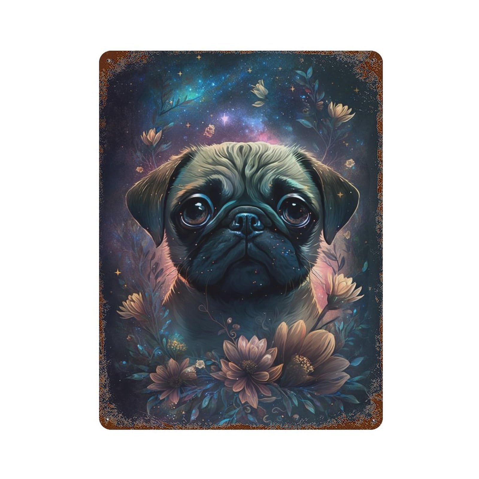 Garage Style Magical Pug with Flowers -2 Vintage Rust Metal Sign 15.7"x11.8", Shabby Chic Decor for Bar And Workshop