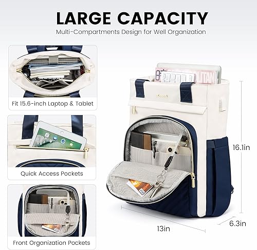 Miniatura 2 de LOVEVOOK Mochila para laptop para mujer, bolsa de mano abierta para profesores, enfermeras, bolsa de mano de trabajo de 15.6 pulgadas, Azul, blanco,