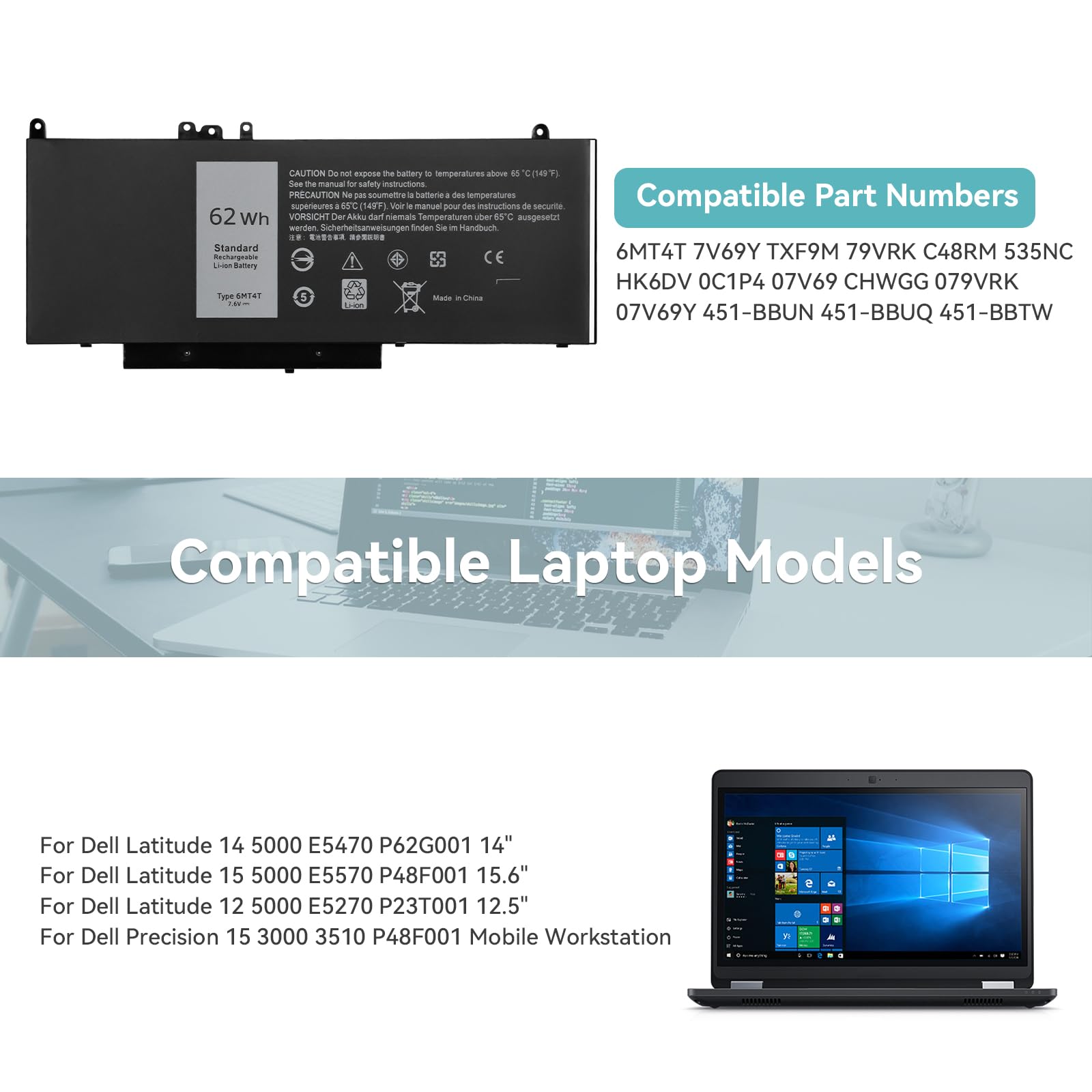 K KYUER 62WH 6MT4T High Capacity Batterie pour Dell Latitude E5470 E5570 E5270 Precision 15 3510 Mobile Workstation WYJC2 VMKXM 7V69Y TXF9M 0C1P4 79VRK 07V69Y 451-BBTW 451-BBUN 451-BBUQ 535NC HK6DV