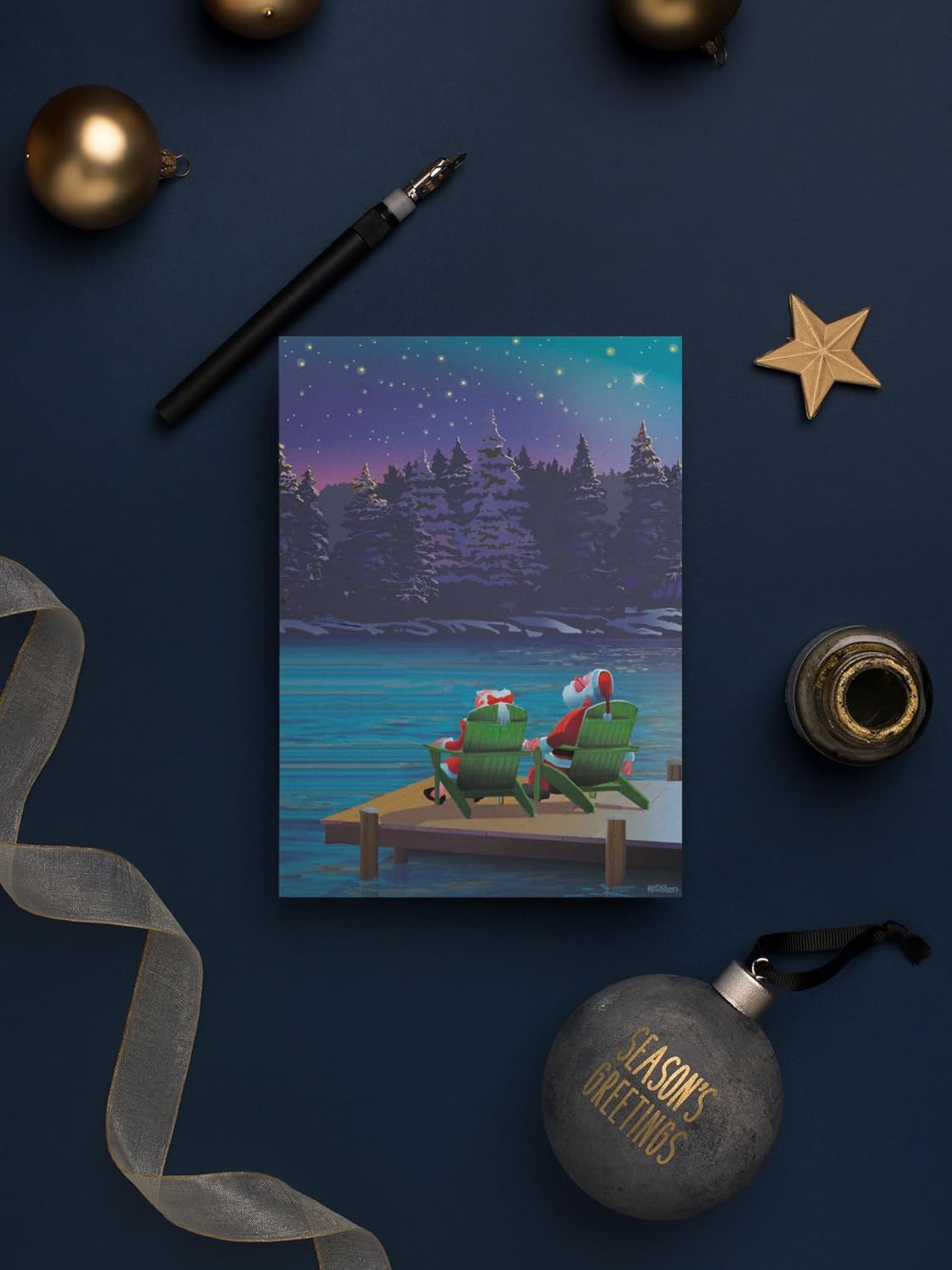 Stonehouse Collection | Custom Silent Night Christmas Holiday Card | 24 Personalized Christmas Cards & 25 Envelopes | USA Made | Star Gazing Mr. & Mrs. Santa | (Personalized)