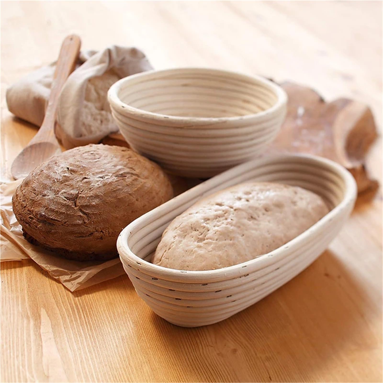 Cesta Para Fermentar Pan Juego de cestas Banneton de pan de mimbre hechas a mano con forro, cestas for prueba de pan, cesta for prueba de masa fermentada redonda/ovalada(Oval-25 * 15 * 8cm)