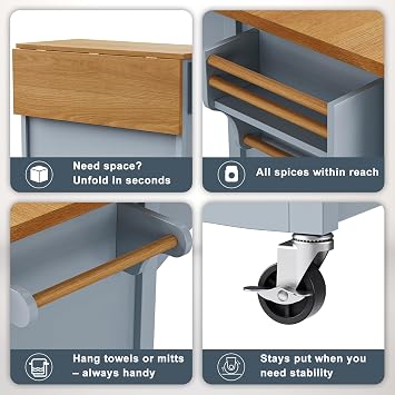 52 Kitchen Island with Storage, Wheels & Drop Leaf, Adjustable Shelf | Oak Top, White Retro Kitchen Cart on Casters, 2 Cabinets, 5 Drawers, Spice Rack, Towel Bar, Durable, Easy Assembly