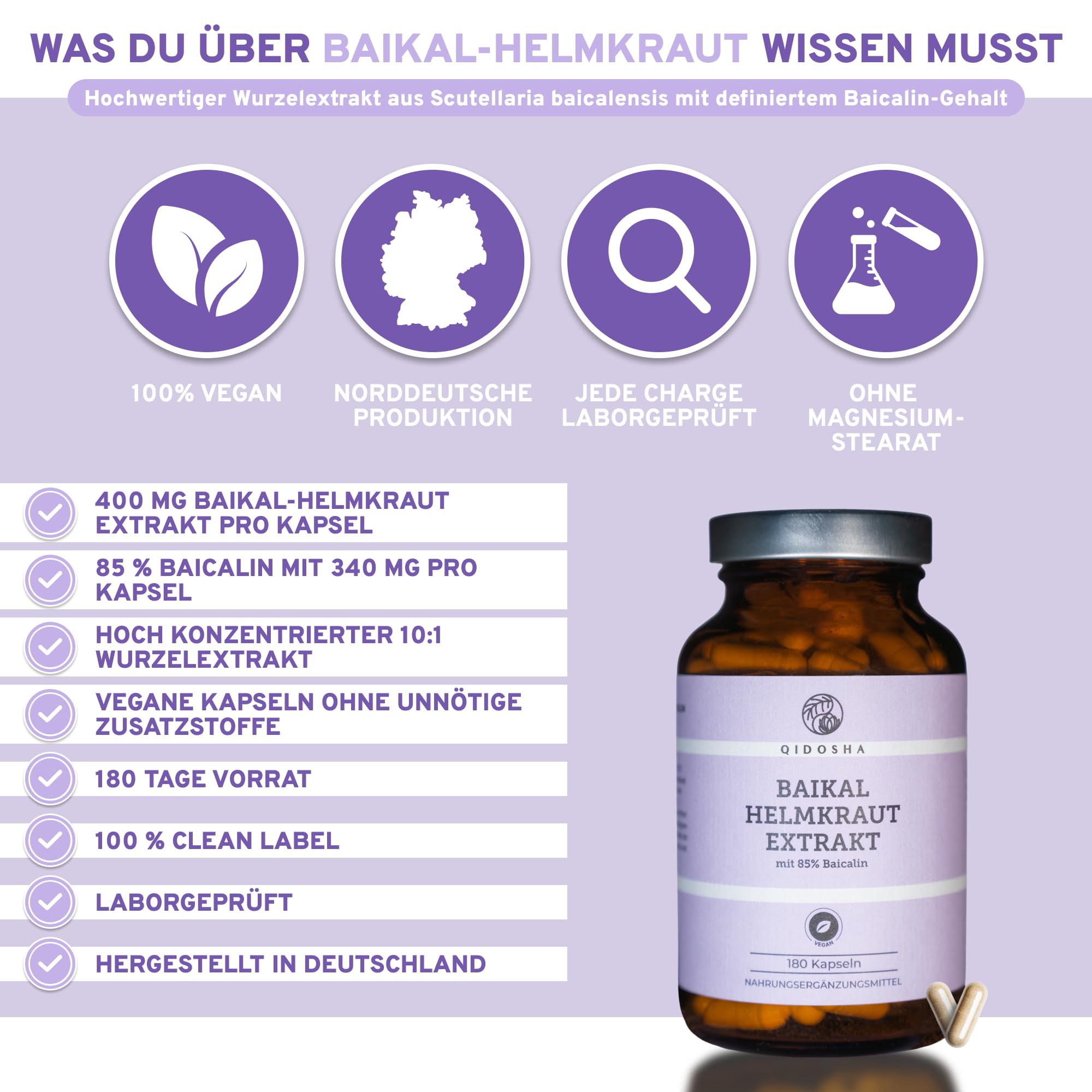 QIDOSHA® Baikal Helmkraut Extrakt mit einzigartigem 85% Baicalin-Gehalt - ganze 340 mg Baicalin pro Kapsel, vegan, 180 Kapseln im Apothekerglas, deutsche Fertigung, jede Charge Labor geprüft