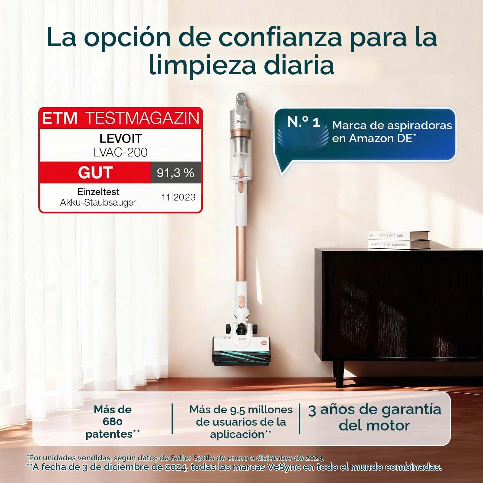Levoit Aspiradora inalámbrica – Tiempo de Funcionamiento hasta 75 m² – Aspiradora inalámbrica – 4 en 1 – 99,9% de eficiencia del Filtro, protección contra enredos, para Pelo de Mascotas, alfombras