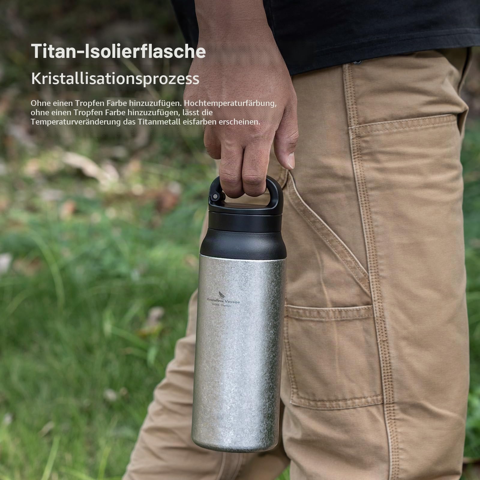 iBasingo 600ml Titan Vakuumflasche Doppelwandige Isolierte Flasche Tragbare Wiederverwendbare Reise Halten Heißes & Kaltes Wasser Kaffee Tee Becher Ti3010D