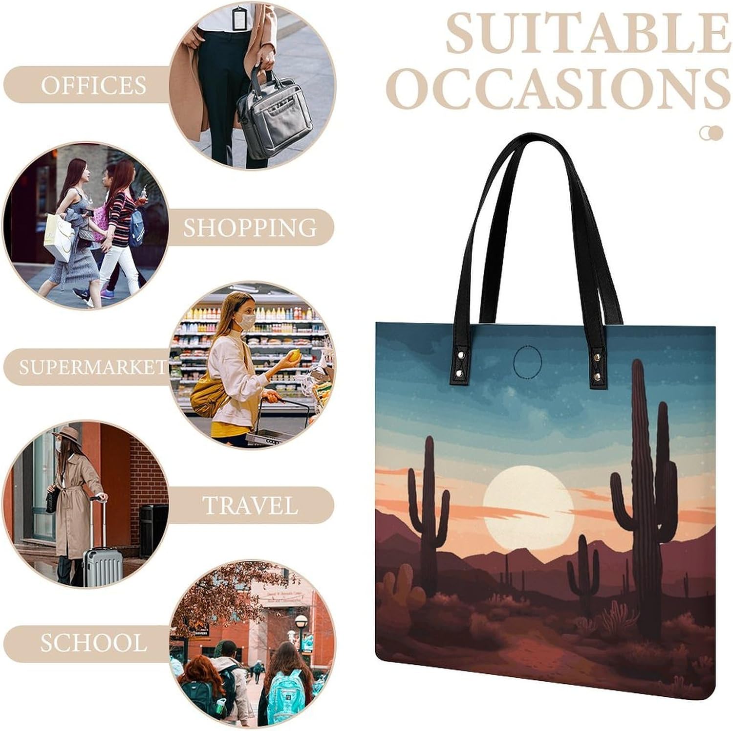 Desert With Cactus Tote Bag with Magnetic Buckle Reusable Grocery Bags Lightweight Cross Body Handbag for Daily Essentials