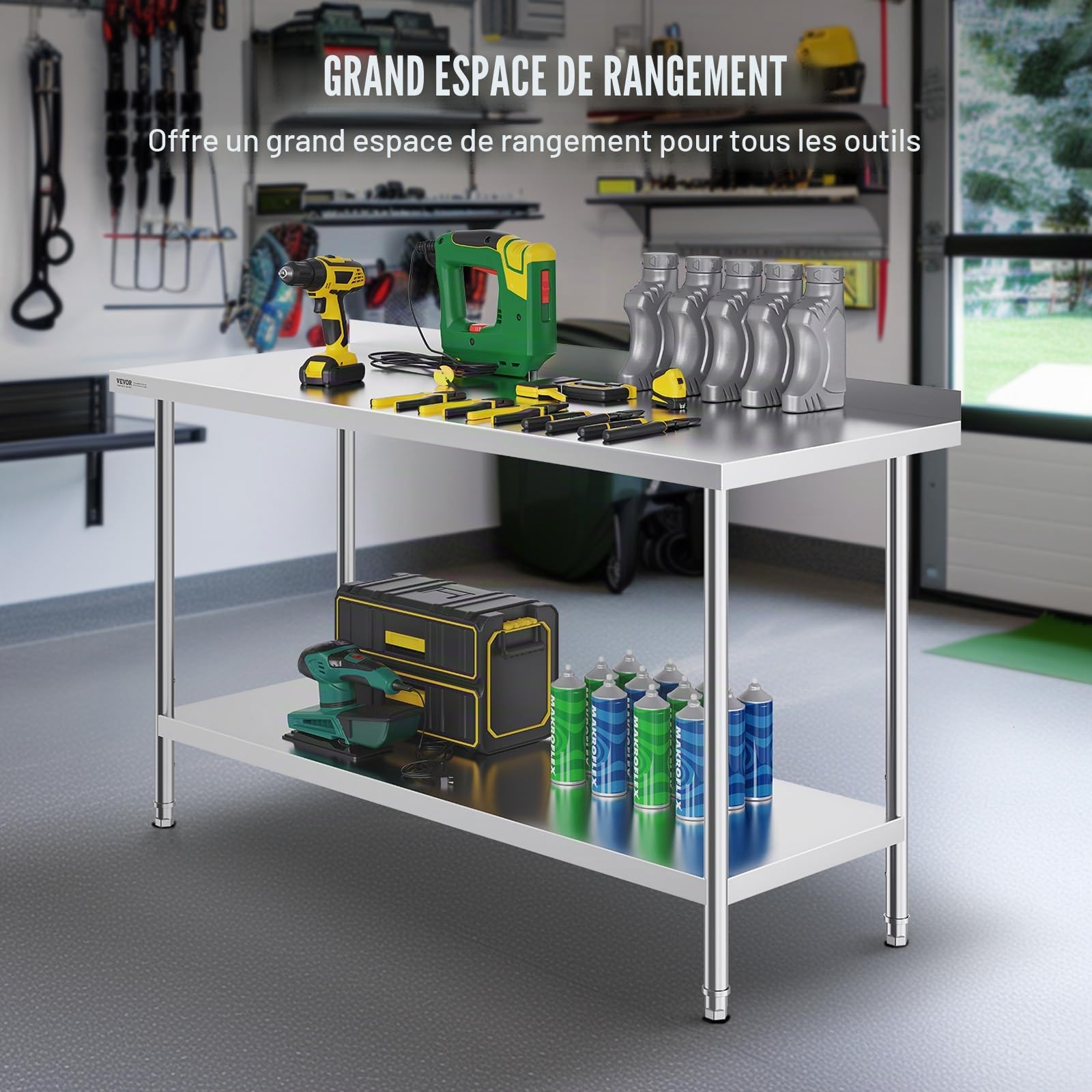VEVOR Table de Travail en Acier Inoxydable 61x152,4x91,4 cm, Table de Préparation des Aliments Durable, Hauteur Réglable, Meuble de Rangement des Aliments, pour Cuisine Restaurant Bar Hôtel Maison