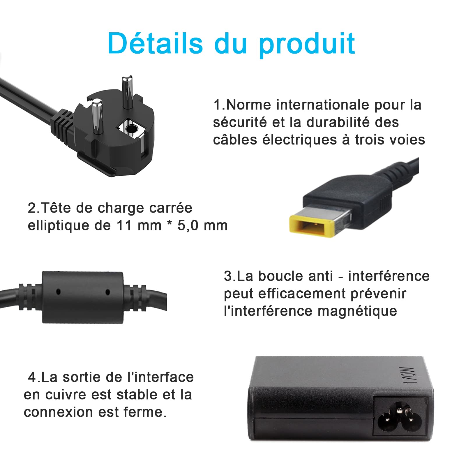 170W Chargeur d'ordinateur Portable pour Lenovo, 20V 8,5A Adaptateur Secteur pour Legion 14 15 17 Y540 Y730 Y740 Y900 Y910 Y920 Y7000 Thinkpad P51 P52 P53 P70 P71 P73 Cordon d'alimentation