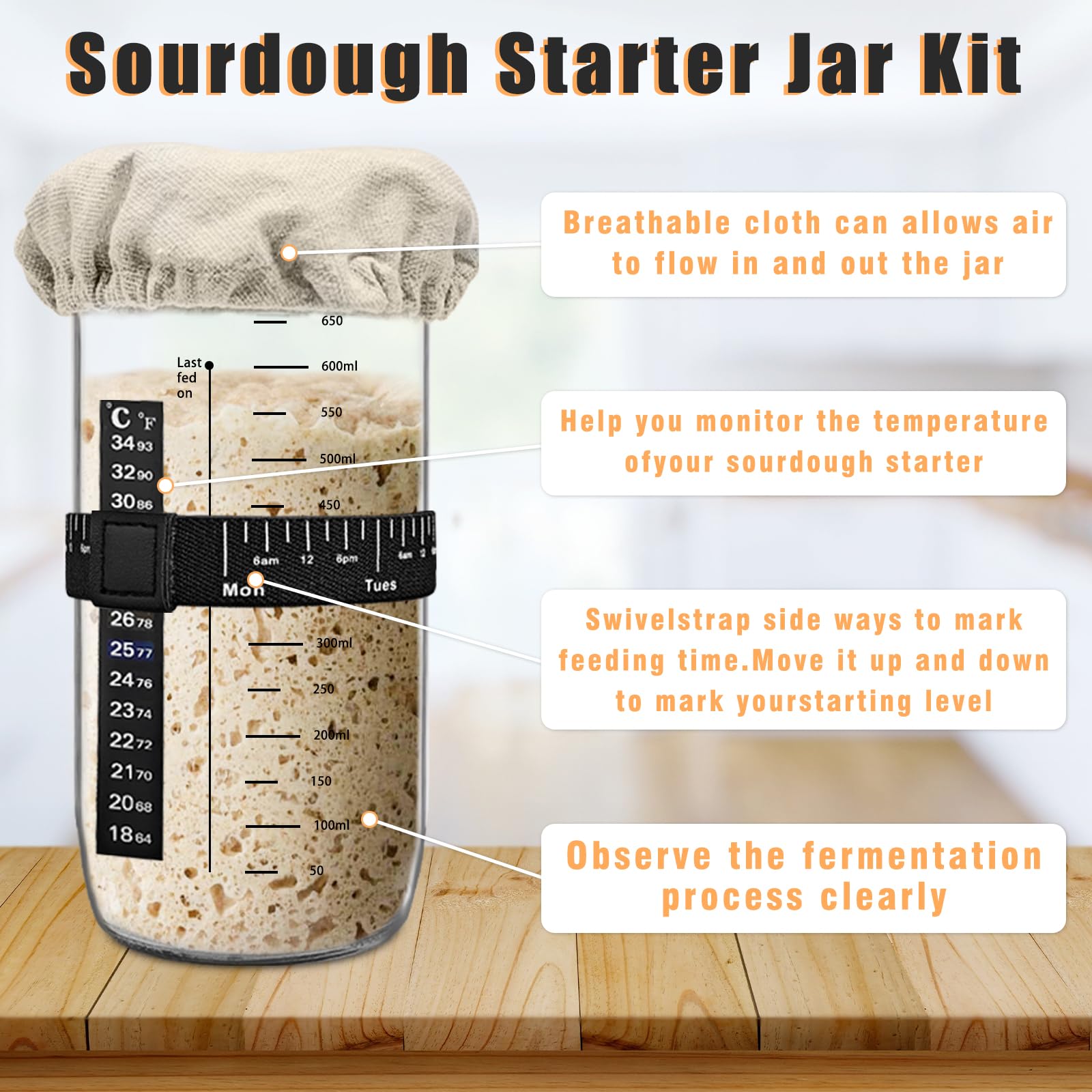 Sauerteig Starter Set - Inkl. Glas, Banneton Korb, Teigschaber & Mehr (22 Teile)