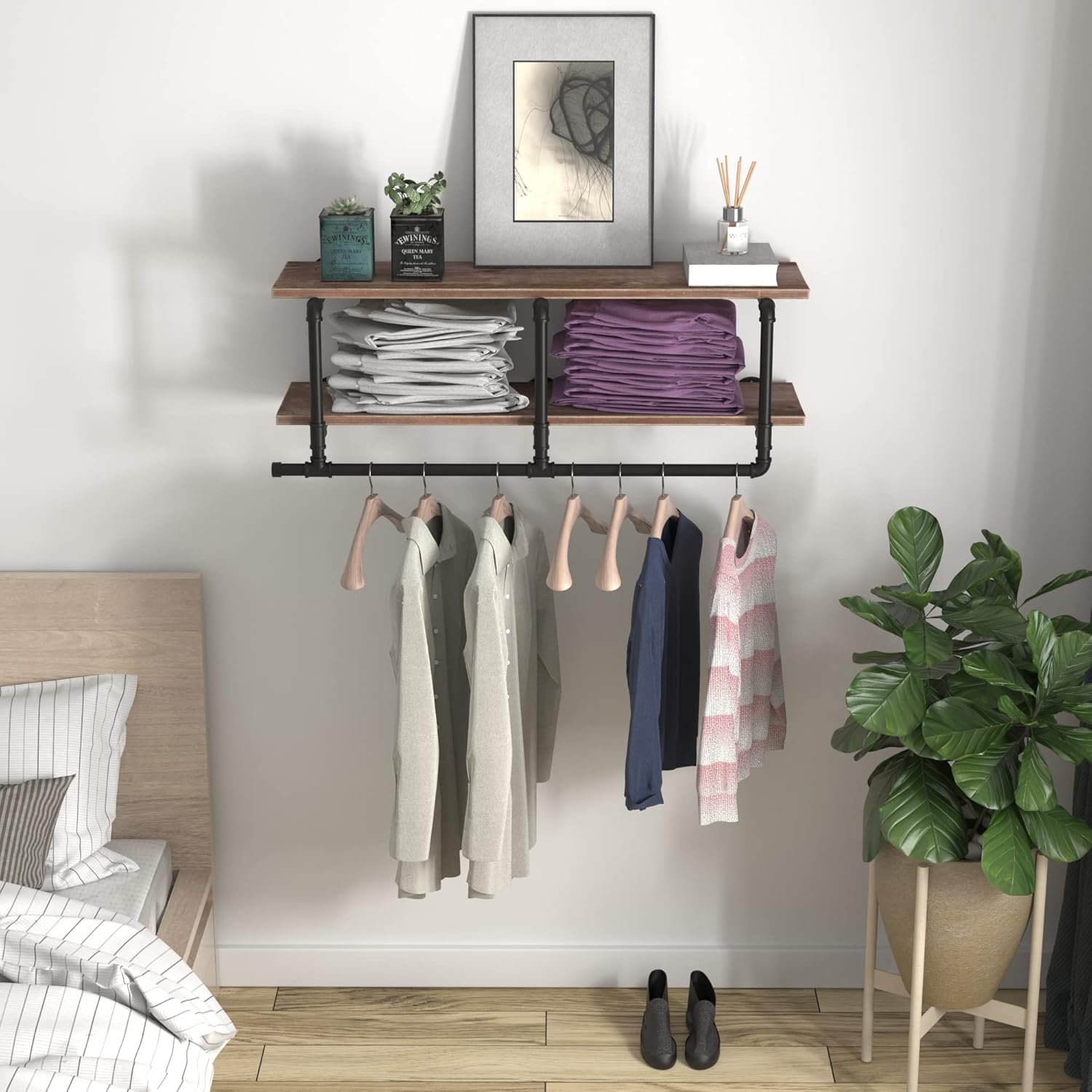 Industrial Pipe Clothing Rack with Top Shelf, Space-Saving Wall Mounted Clothes Rack 2 Tiers, Shelf with Hanging Rod for Closet Storage, Laundry Room. (2Tier, Brown)