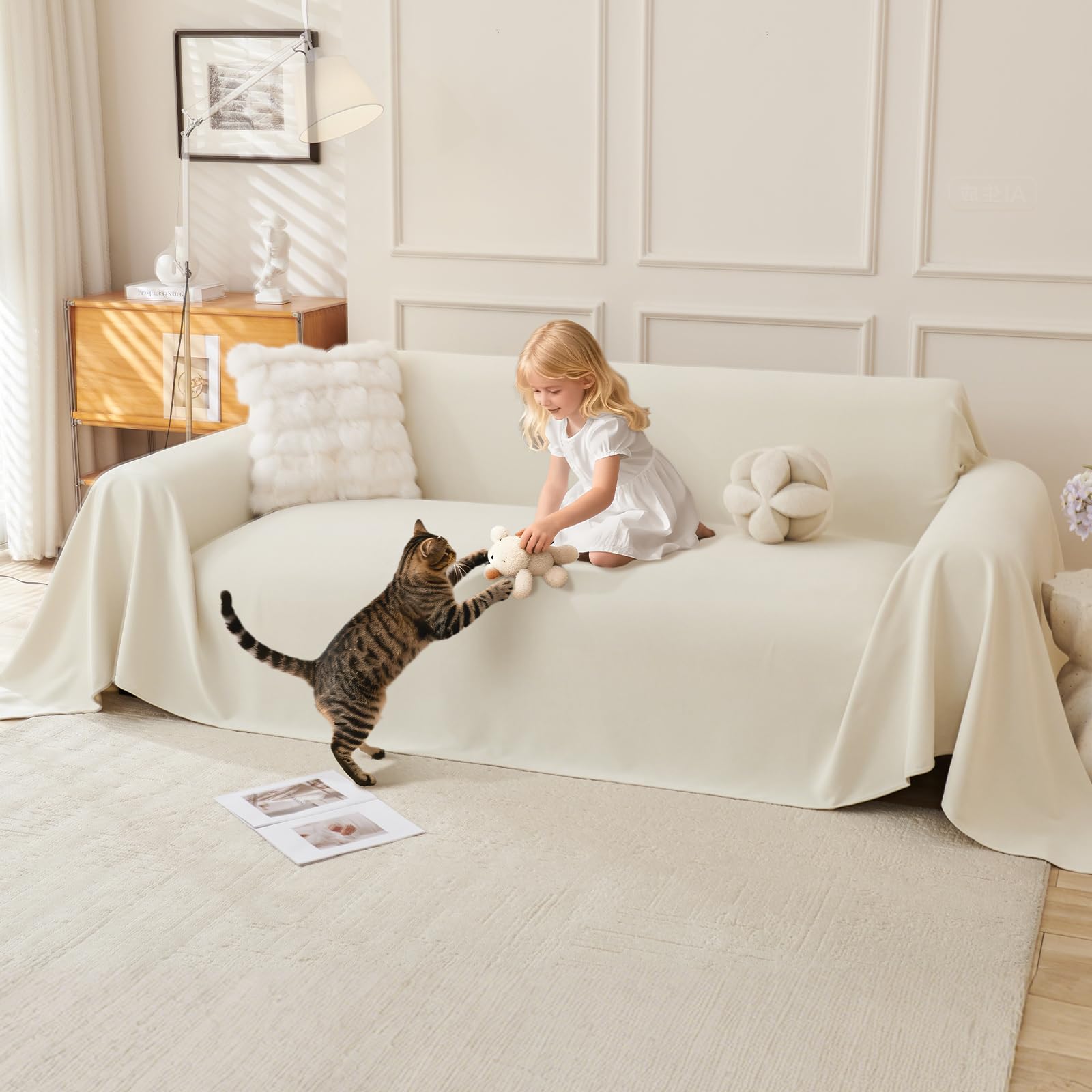 Royhom Telo Copridivano 4 Posti Impermeabile, Copridivano Antigraffio Gatto, Telo Impermeabile Divano, Ideale per Cani, Gatti e Bambini, Morbida e Comoda(Beige, 180x380 cm)