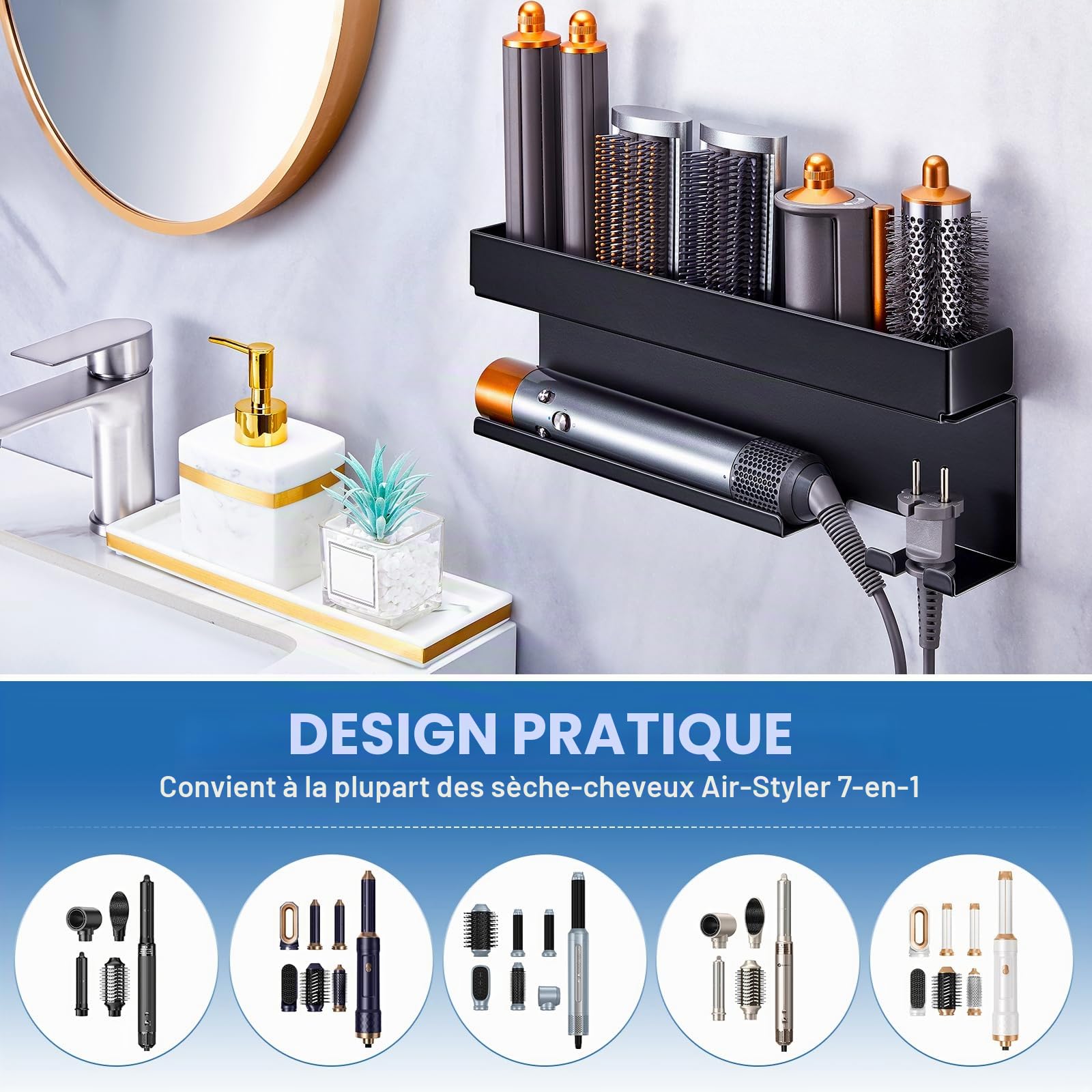 Porte Seche Cheveux Sans Percage, Le Stent De Sèche-Cheveux, Convient Outils Et Accessoires Pour Cheveux, Support Seche Cheveux Applicable à La Salle De Bain, Salon De Coiffure (Noir)