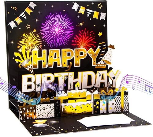 Ribbli Tarjetas de cumpleaños, fuegos artificiales con luz y música, tarjeta de cumpleaños musical desplegable para hombres y mujeres, 7.1 x 7.1