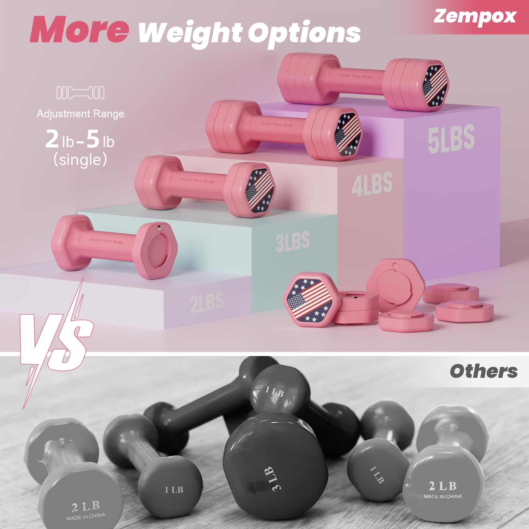Zempox Adjustable Dumbbell Set of 2, 4 in 1 Hand Weights for Women at Home, 5 lb Weights Dumbbells set of 2, Each 2lb 3lb 4lb 5lb with TPU Soft Rubber Handle for Home Gym Exercise Training, Pink