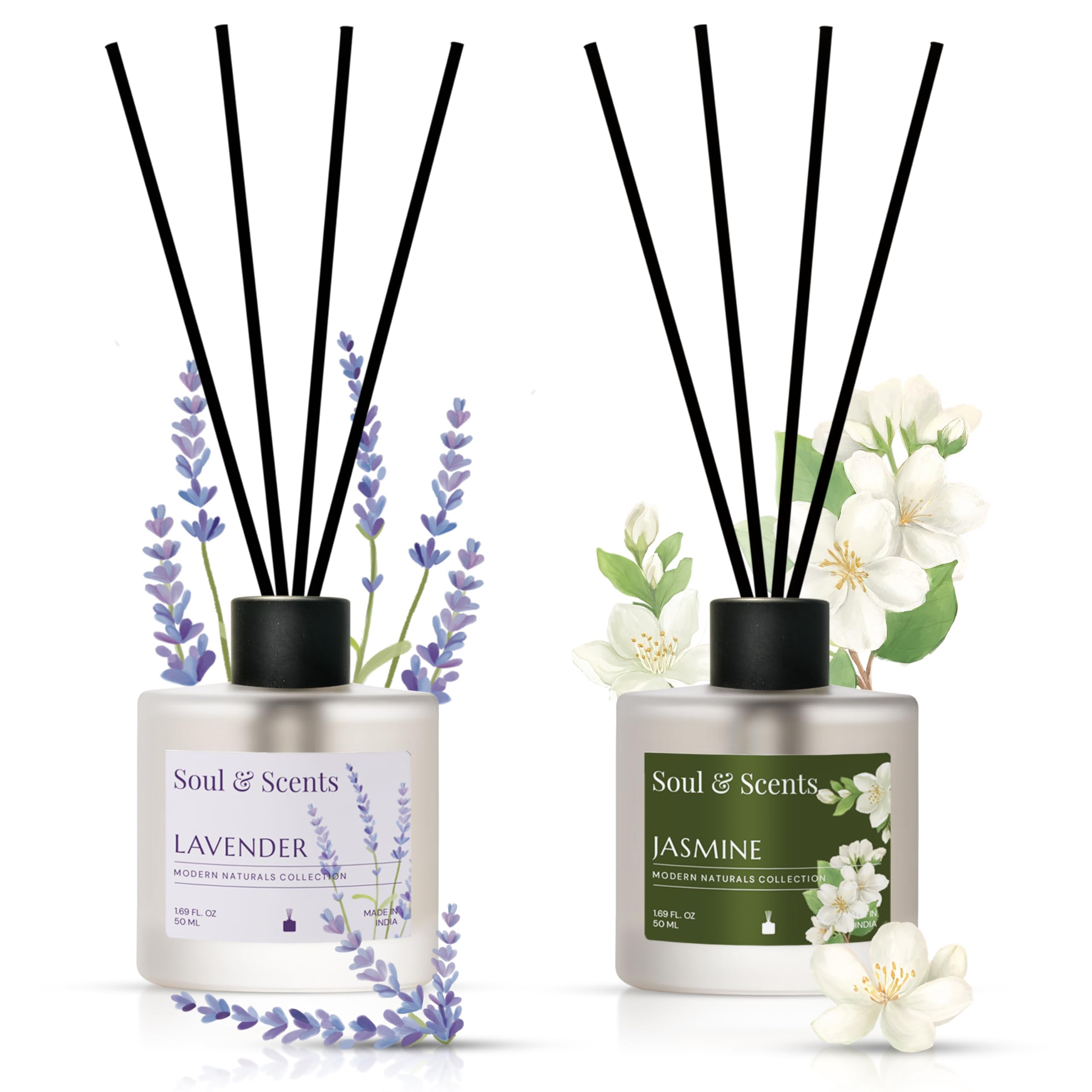 Soul & Scents Lavender and Jasmine Reed Diffuser Set - 50ml with Free 10 Rattan Reed Sticks| Toxin Free & Stress Relief| Long Lasting | Room Freshener for Home, Bedroom & Office| Combo Pack of 2