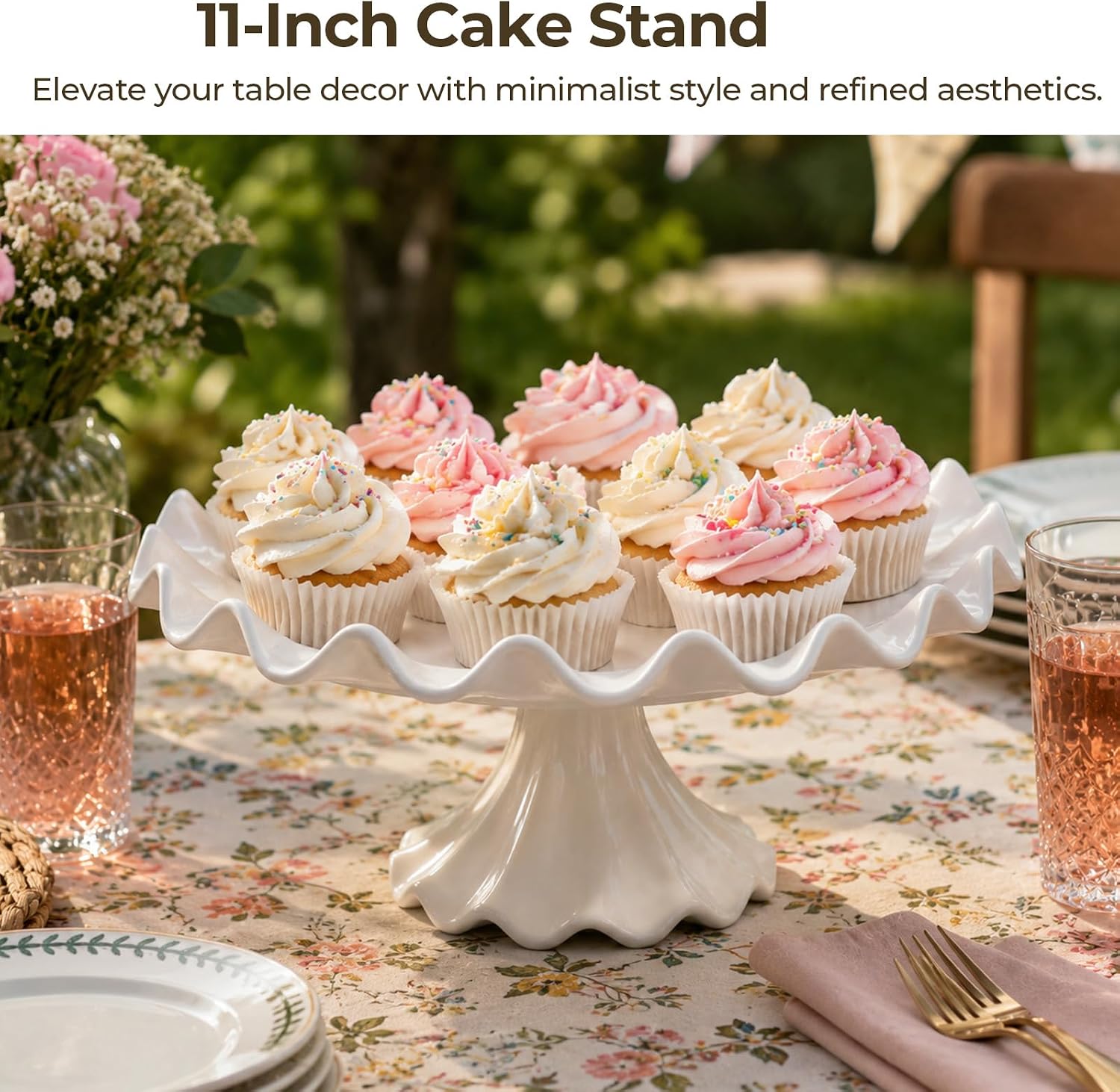 Ceramic Cake Stand, 11-Inch Cake Stand with Elegant Wavy Edge, Round Dessert Serving Tray for Wedding Birthday Party, Footed Cupcake Display Pedestal for Home Decor, White