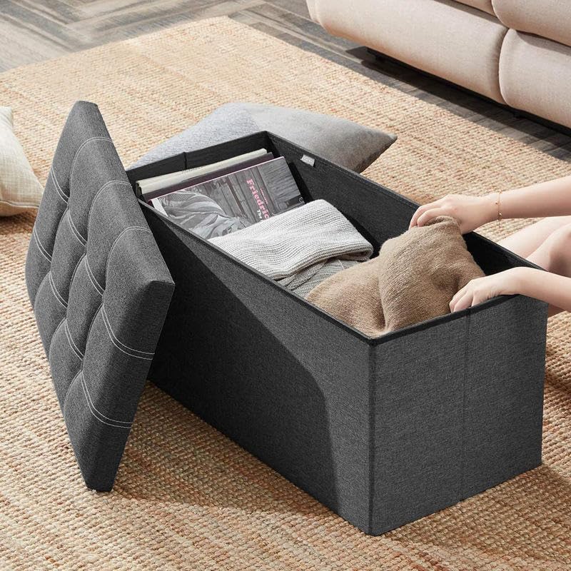 Image of Storage Bench Folding Ottoman Foot Rest Stool, 76 * 38 * 38 cm Grey Linen Footstool, Short Ottoman Bench, Foot Rest Store as Books, and Blanket Storage or Others