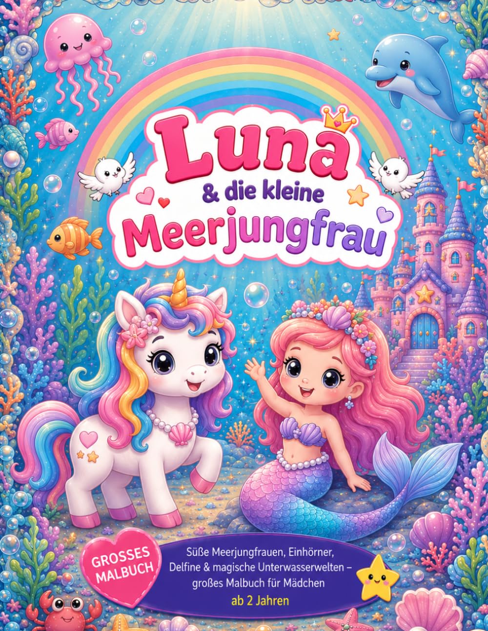 Luna & die kleine Meerjungfrau: Süße Meerjungfrauen, Einhörner, Delfine & magische Unterwasserwelten – großes Malbuch für Mädchen ab 2 Jahren