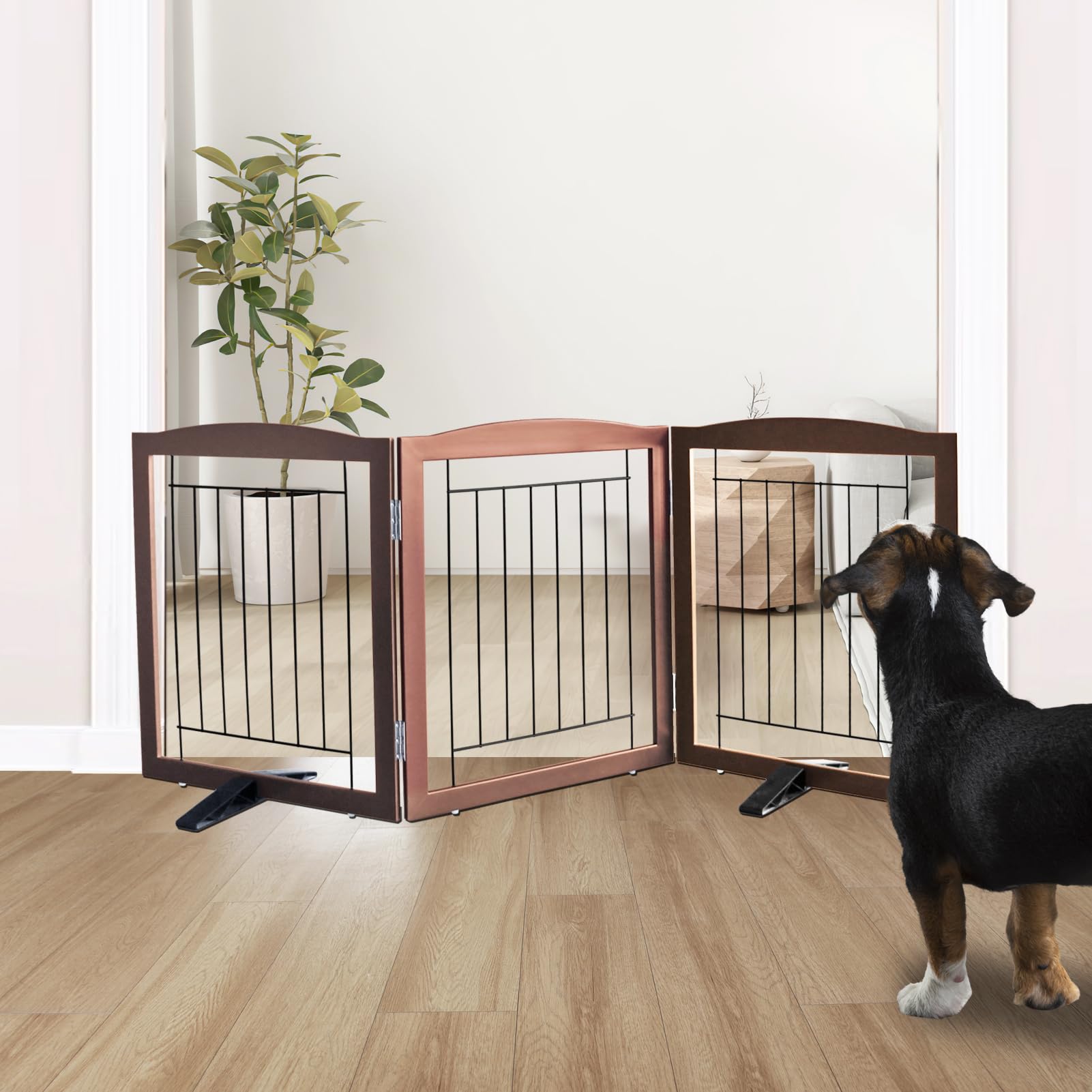 zjsf freestanding dog fence indoor, foldable dog gate for doorways, stairs or hallways, sturdy wood extra wide pet gate with support feet for the house, brown, 24 "height-3 panels