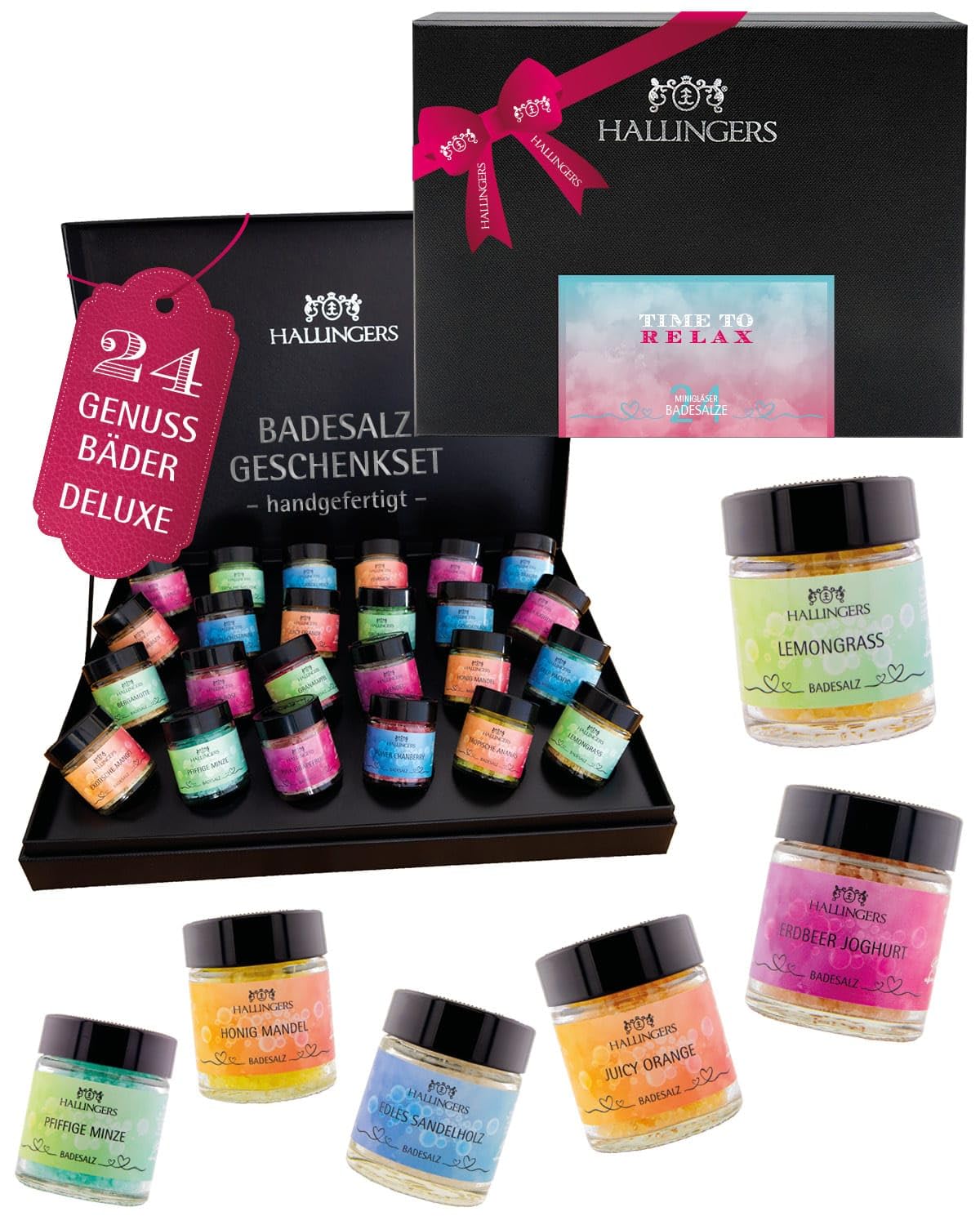 Hallingers Genuss Manufaktur Badesalze Geschenk-Set - 24x Badezusatz mit Totes Meer Badesalz edle Geschenkbox, Badekristalle Fußbad & Spa "Time to Relax", Geschenkidee für Frauen Männer