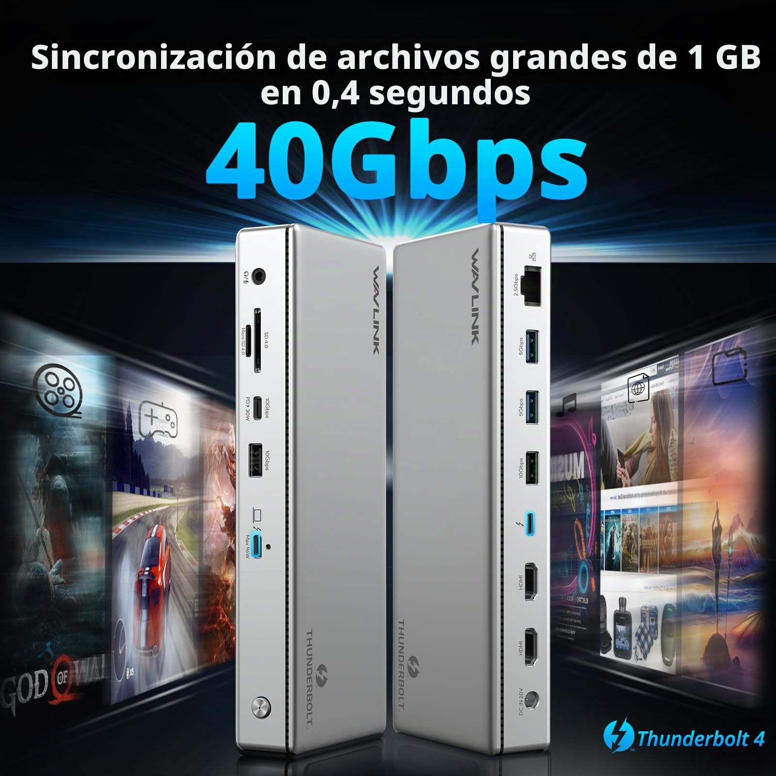 WAVLINK Dock Thunderbolt 4 13 en 1, 96W PD, 8K / Triple 4K, 2 Puertos TBT4, 2 Puertos HDMI, 4 Puertos USB-A, USB-C 10 Gbps, Ethernet 2.5G, Lector SD/TF, Audio, Compatible con Mac y Windows
