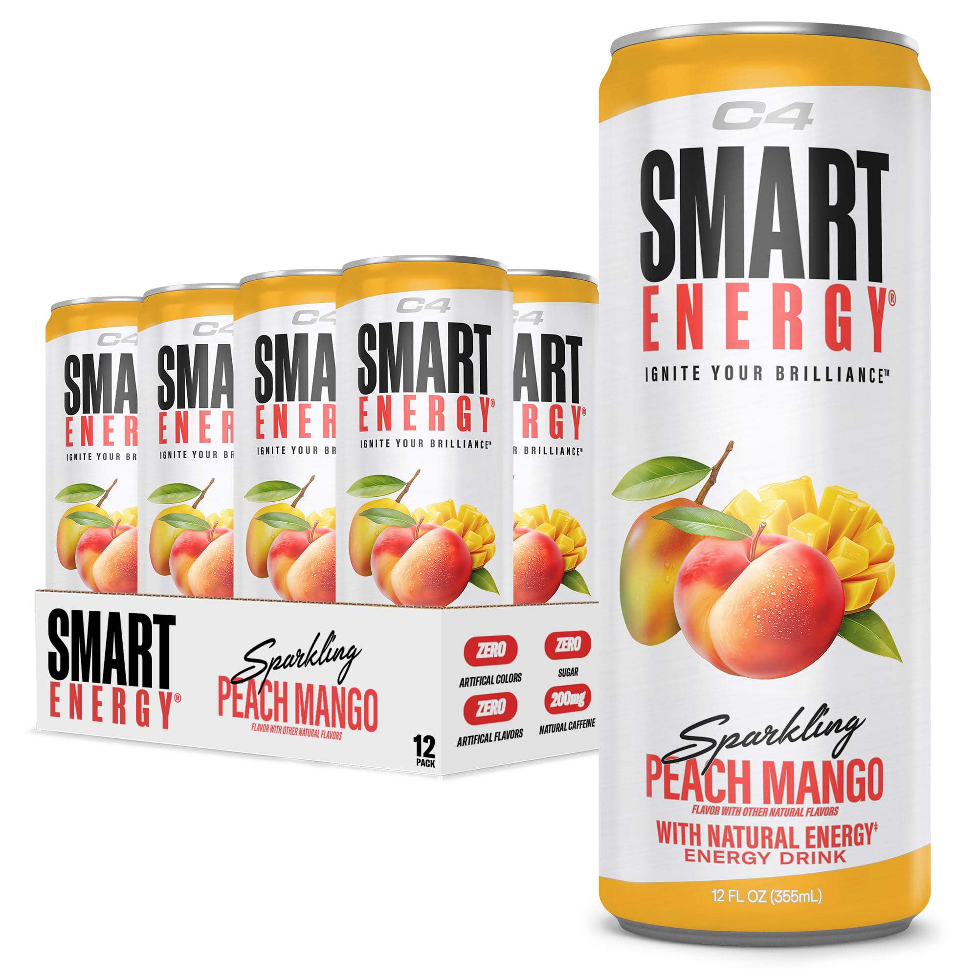 Cellucor C4 Smart Energy Drink ‚ Boost Focus and Energy with Zero Sugar, Natural Energy, and Nootropics - 200mg Caffeine - Peach Mango (12oz Pack of 12), Peach Mango, 12 Fl Oz (Pack of 12)