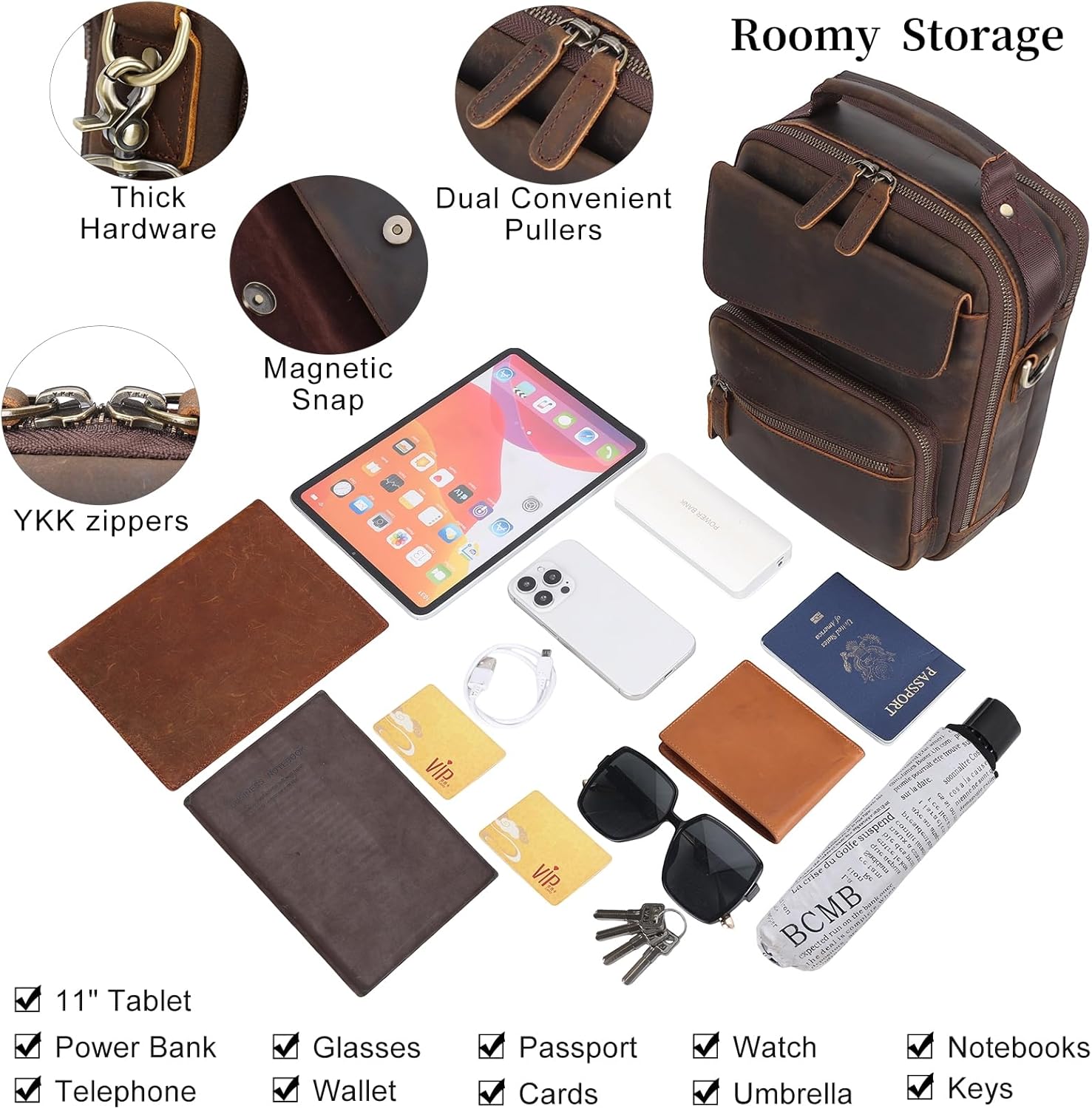 Masa Kawa Leather Messenger Shoulder Crossbody Bag for Men Fits 11 Inch Tablet, Small Flap Multi Pockets Daily Commuting Work Satchel Bags, Vintage Brown - Image 6