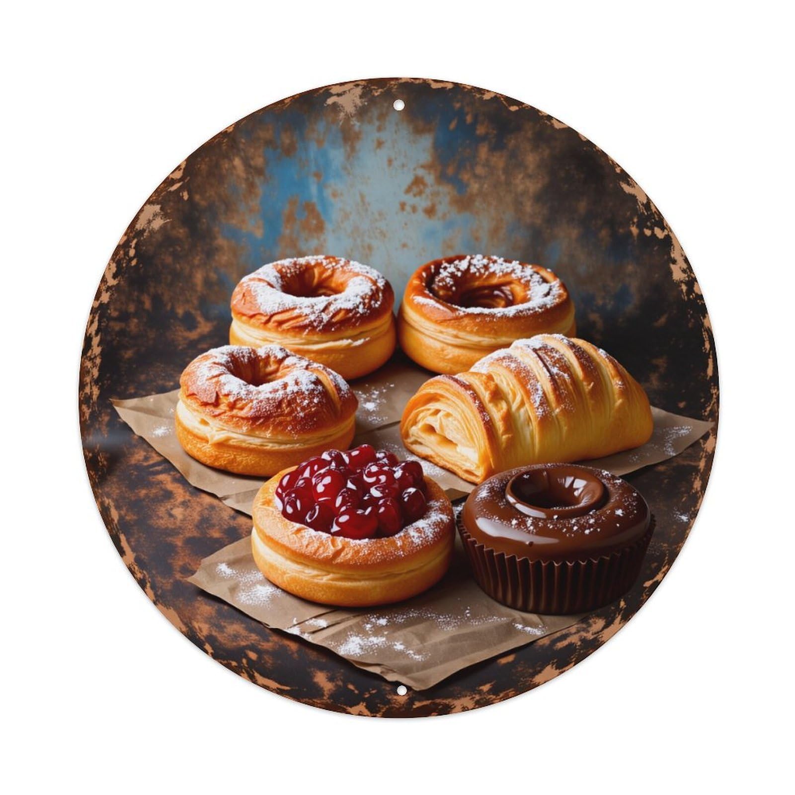 Baked Goods Assortment Rustic Presentation Vintage Metal Tin Sign Retro Wall Decor for Home Bar Garage Cafe, Indoor & Outdoor Decorative，circle Metal Poster, 8x8 Inch