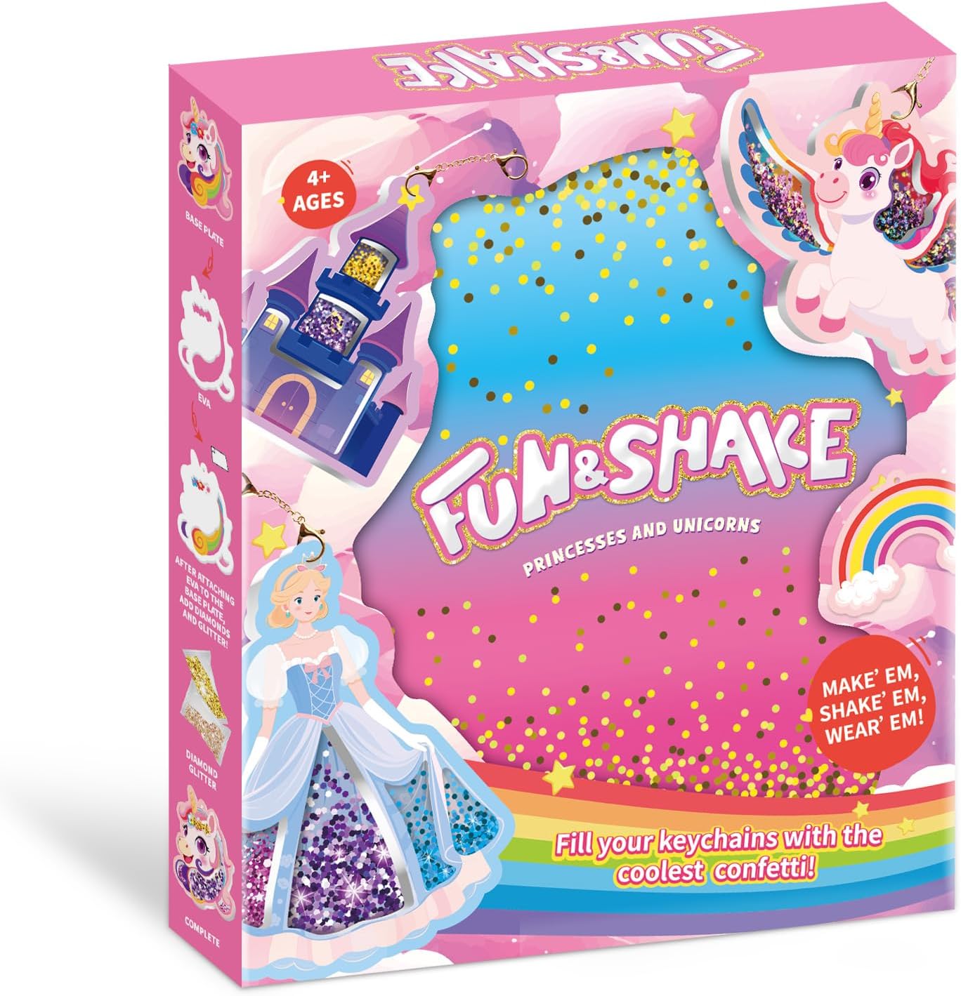 MZYTOZA Fun & Shake DIY Glitter Craft Kit with Keychains for Kids,Unicorns and Princesses Art & Craft Activity,Creative Travel Toy, Party Favors & Valentine's Gift for Ages 4-9