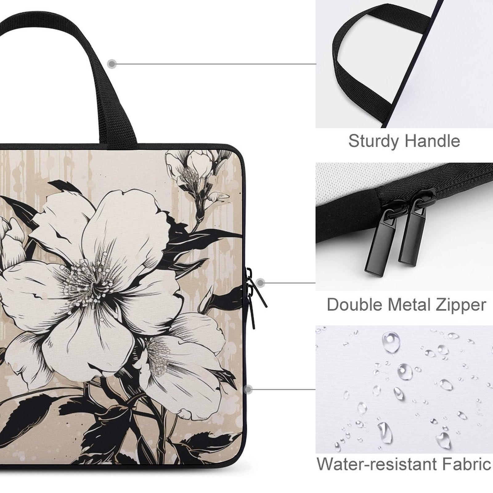 Laptophülle mit Blumenmuster, ultradünn, wasserdicht, tragbare Schutztasche mit Handschlaufe, Beige