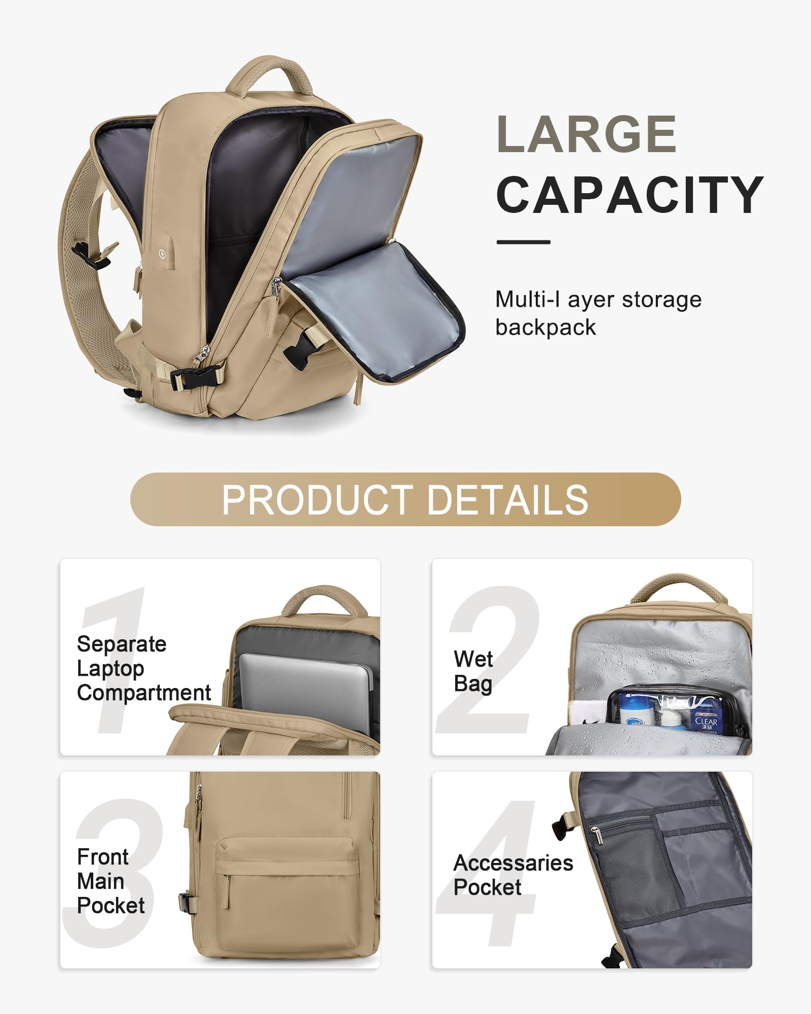 Zaino da Viaggio per Easyjet 45x36x20 Bagaglio a Mano Zaino Borse da Cabina per Ryanair Il Sedile Zaino Aereo Bagaglio a Mano Donna Borsa Cabina Viaggio Zaino Travel Viaggio Casual Daypack,A18 Cachi