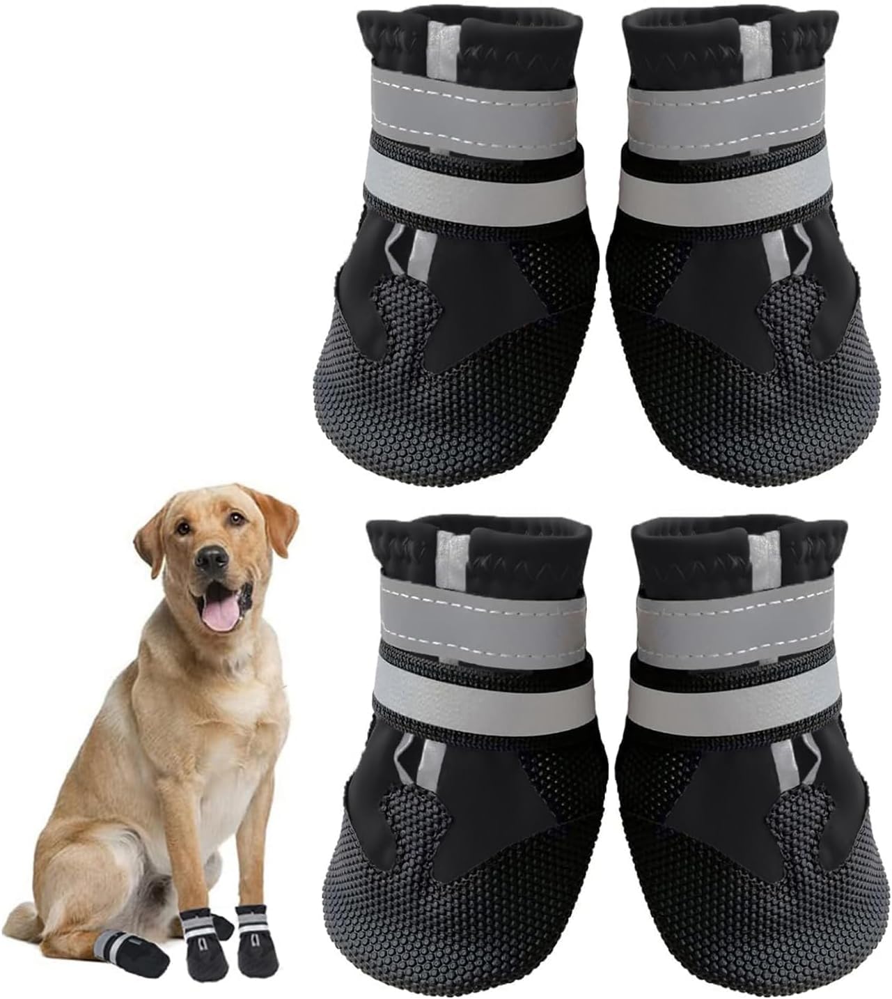 Dricar Dog Shoes, Set of 4 Dog Boots for Injured Paws, Waterproof Anti Slip Dogs Shoes for Walking, Paw Protectors with Reflective Straps for Small Medium Large Dogs (Black, XL)