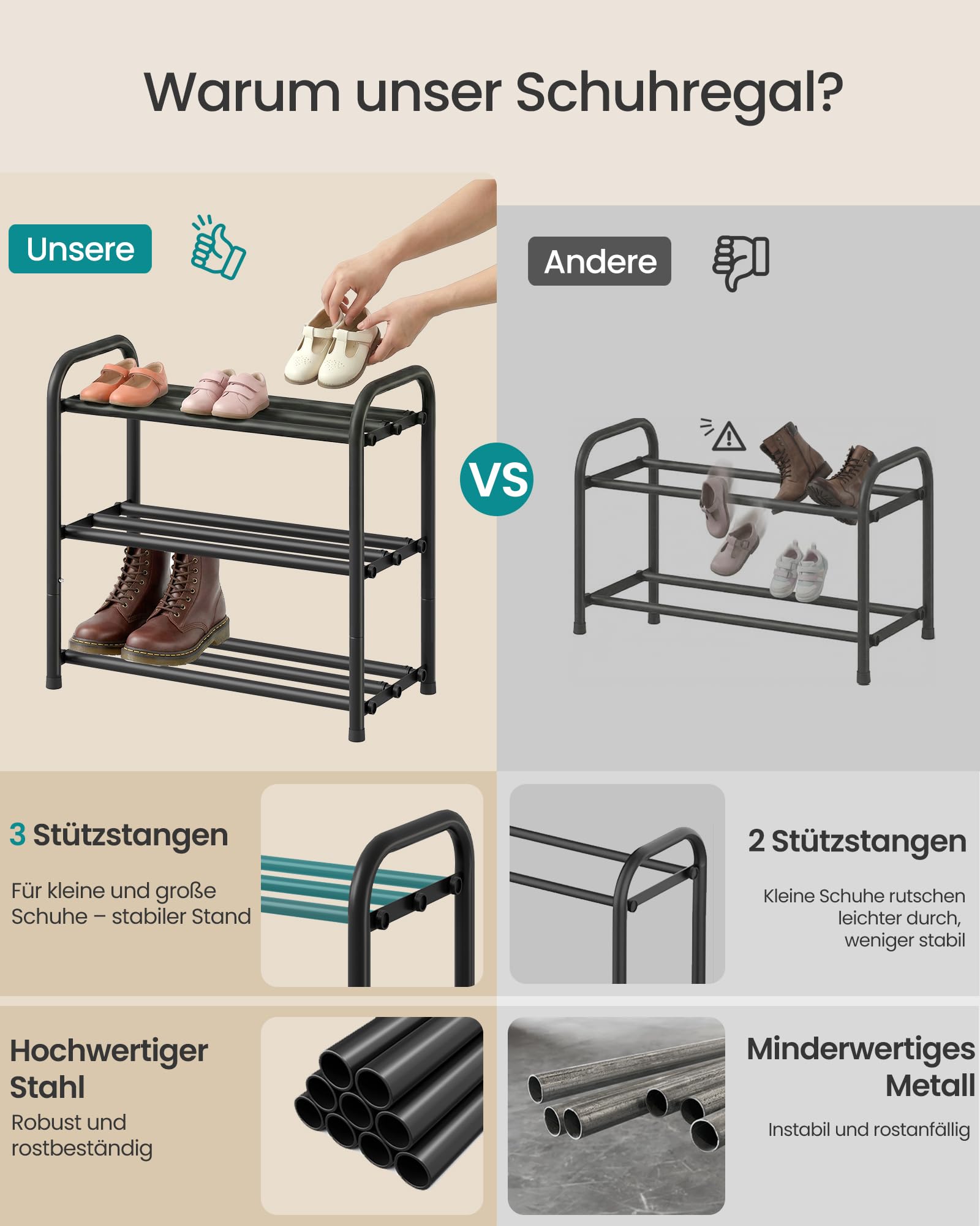 SONGMICS Schuhregal ausziehbar, Schuhablage, Schuh-Organizer mit verstellbaren Ablagen, Schuhaufbewahrung aus Metall, für Flur, Ankleidezimmer, Wohnzimmer, 3 Ebenen, tintenschwarz LMR036BD01 - 5