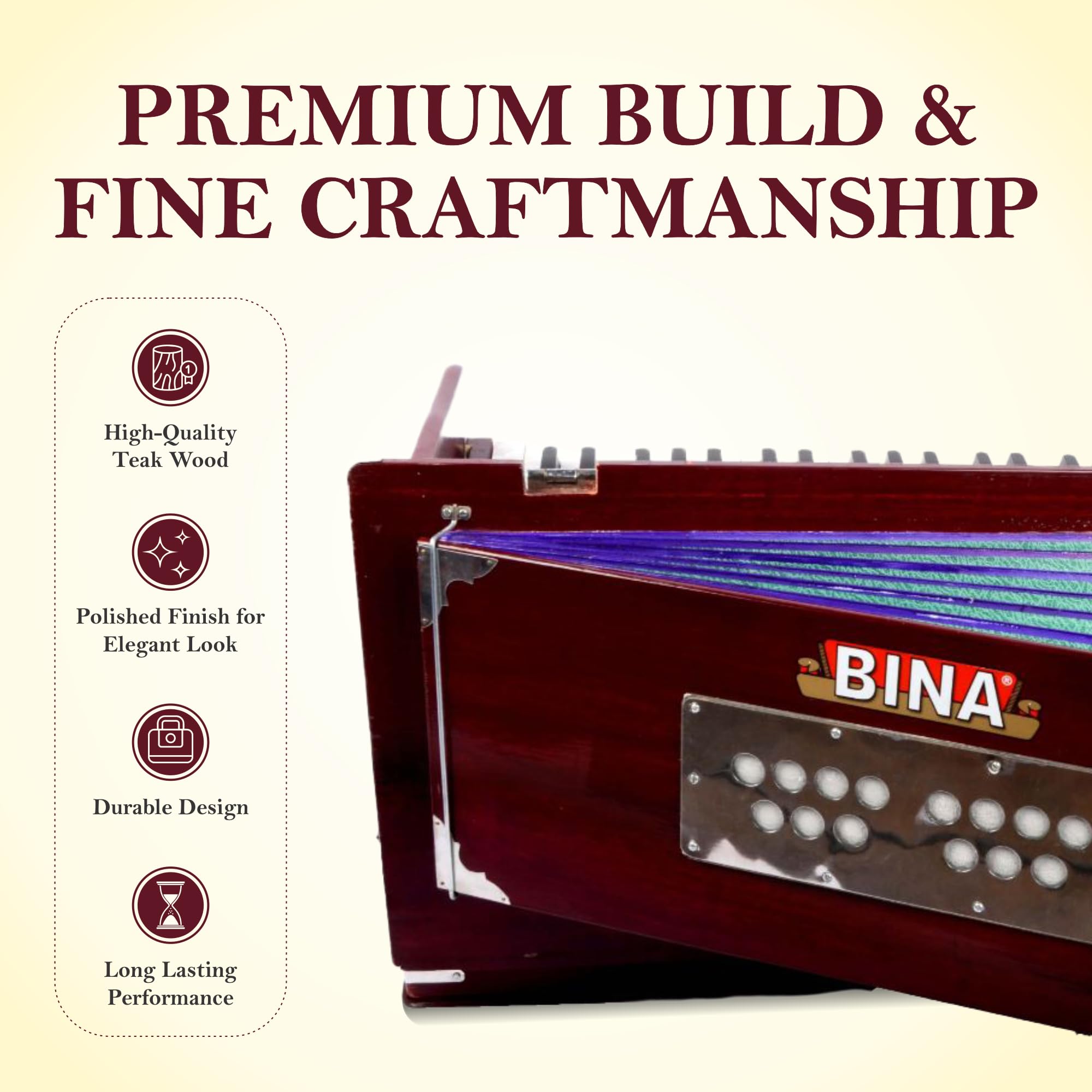 Harmonium BINA Nr. 23B Dx. 3 1/2 Oktaven tragbare Kirsche, 2024 Edition, klein, tragbar, kompakt, Safri, natürliche Farbe, Kirtan, indische Tastatur