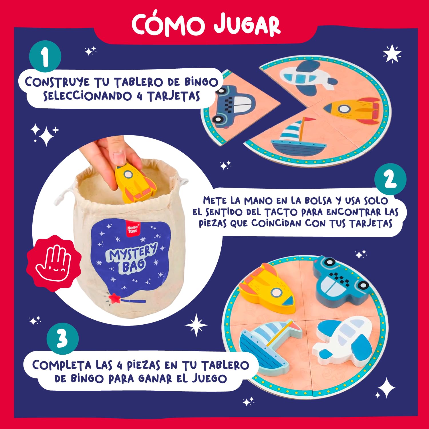 Nene Toys Juego Bingo Táctil - Juego Sensorial de Estimulación Táctil y Motricidad Fina para Niños 3+ Años - Juego de Mesa Familiar Niños Niñas 3 4 5 años - Juguete de Madera Toca y Encuentra