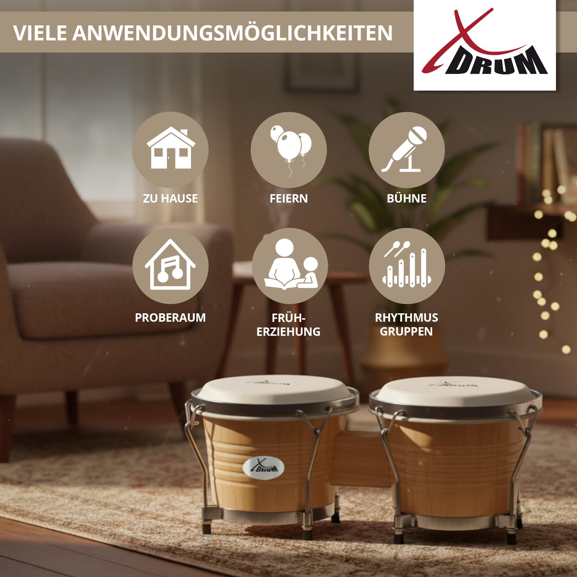 XDrum Bongos Pro Natur - 2 Trommeln mit 6,5" (17 cm) und 7,5" (20 cm) Durchmesser - Bongotrommeln mit stimmbaren Naturfellen, Stimmschlüssel und Ständer - Holztrommeln Naturfarben