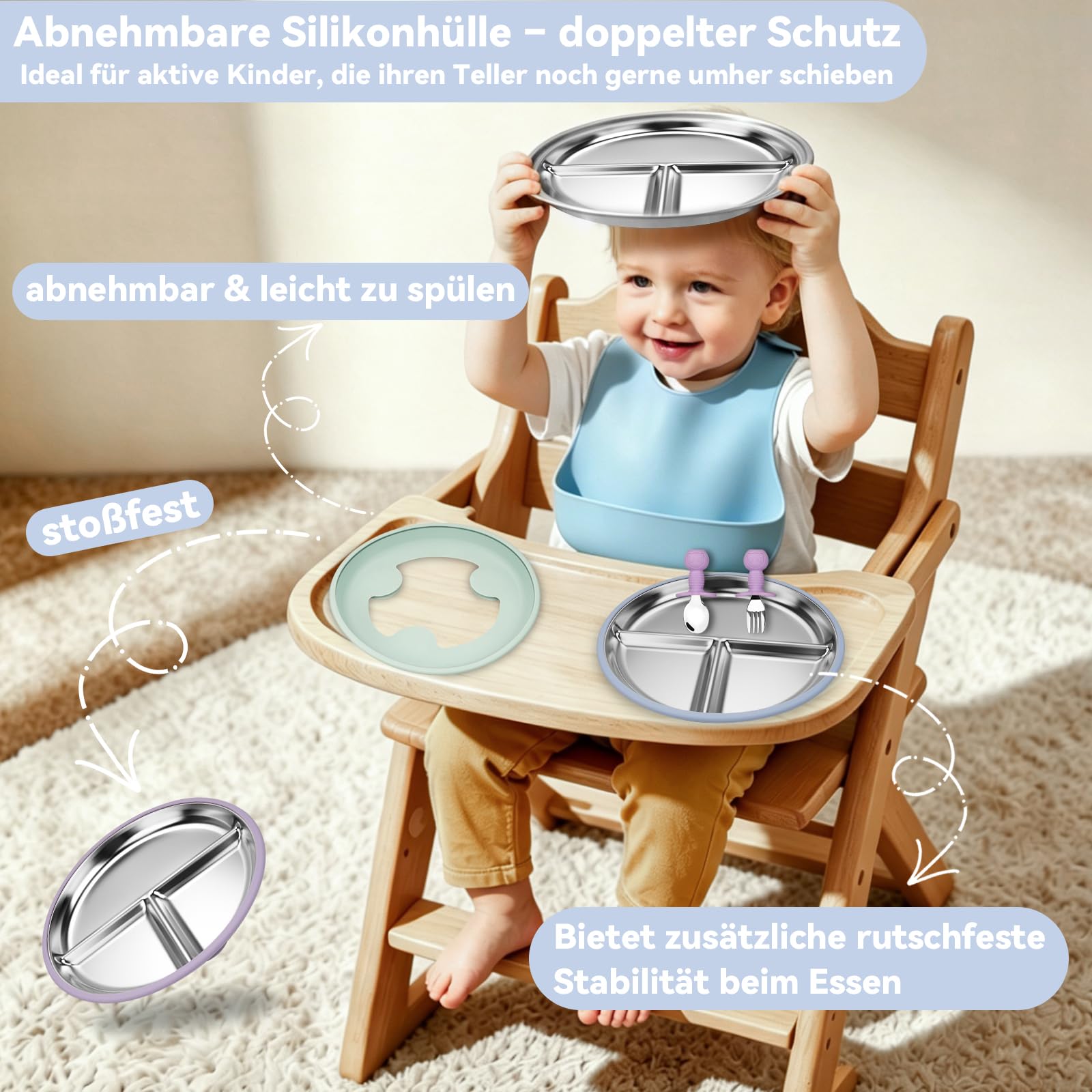 Set di 4 piatti per bambini in acciaio inox con ventosa in silicone e 4 cucchiai, 4 forchette, antiscivolo, per contorni per bambini, lavabili in lavastoviglie, senza BPA